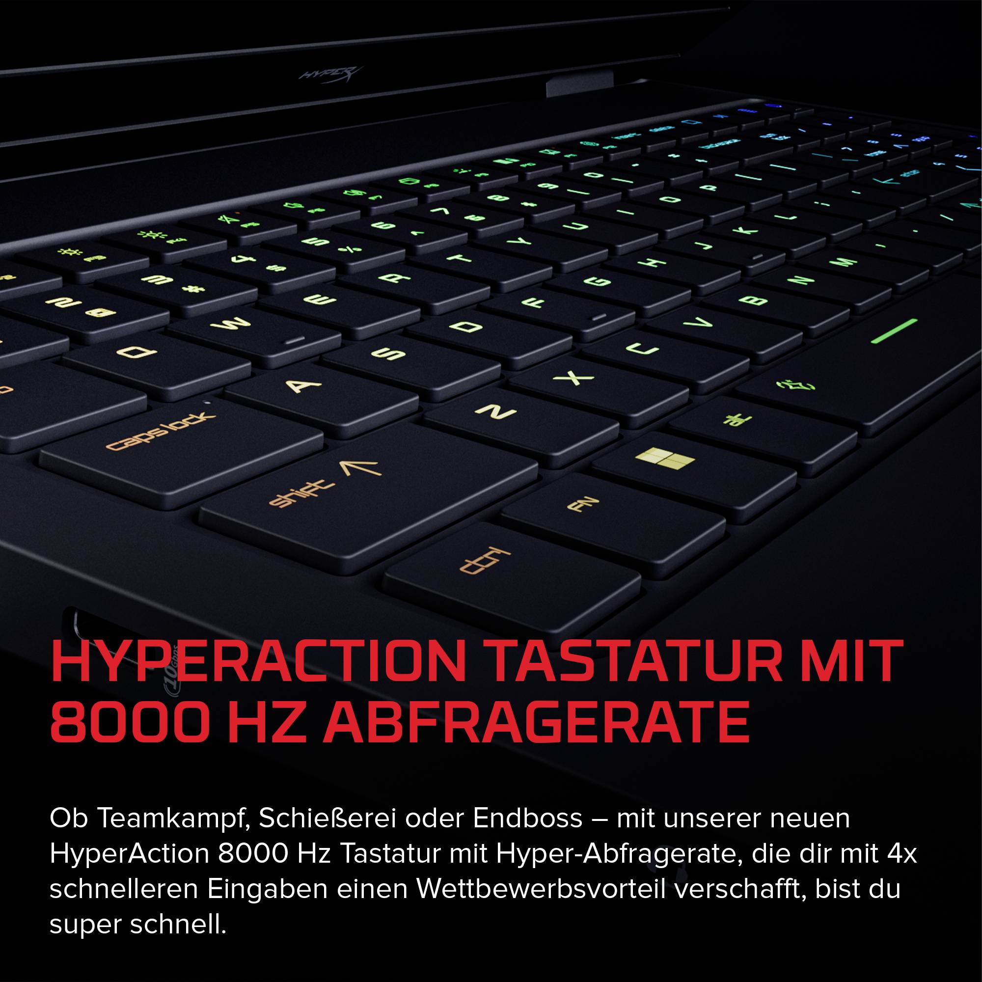 Angeschnittene Nahaufnahme einer schwarzen Gaming-Tastatur mit RGB-beleuchteten Tasten, die die „HYPERACTION TASTATUR MIT 8000 HZ ABFRAGERATE" bewirbt und schnelleres Polling für wettbewerbsfähiges Spiel beschreibt.