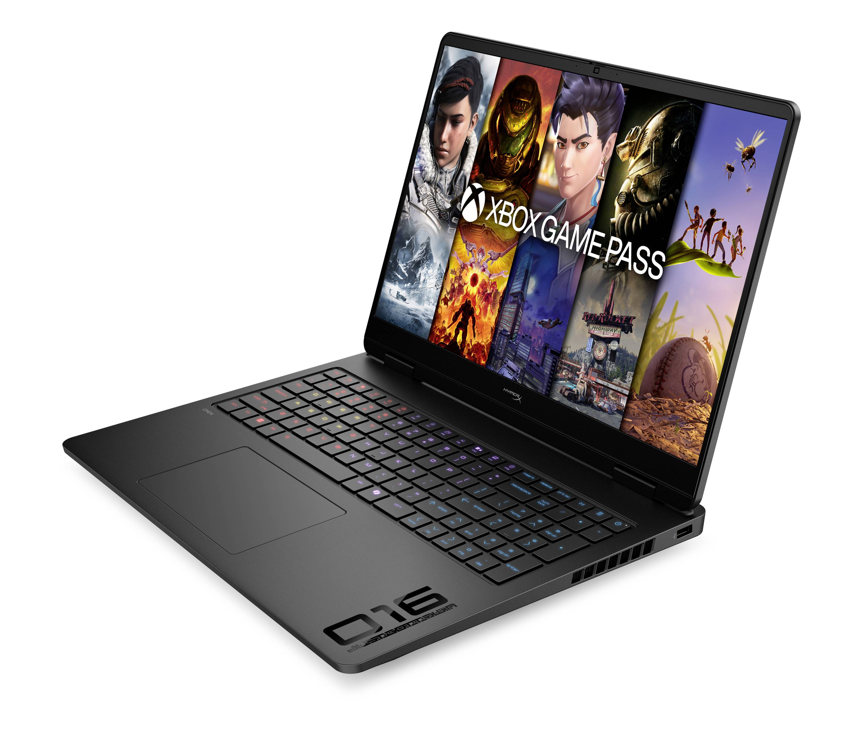 Schwarzer D16 Gaming-Laptop auf weißem Hintergrund, zeigt beleuchtete Tastatur und Bildschirm mit Xbox Game Pass Spielgrafiken.