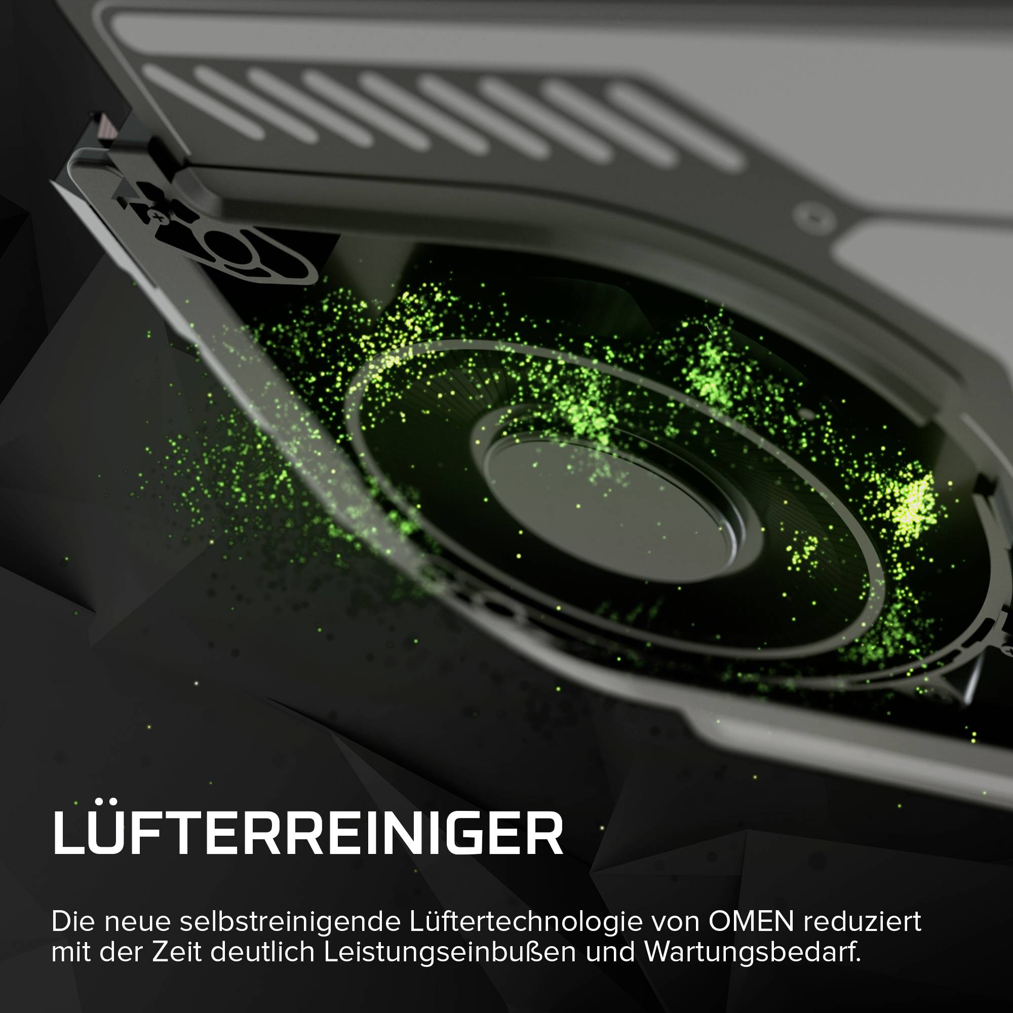 OMEN-Laptop-Kühlventilator mit grünen Partikeln; der deutsche Text besagt „LÜFTERREINIGER" und beschreibt die selbstreinigende Lüftertechnologie, die den Leistungsverlust und die Wartung reduziert.