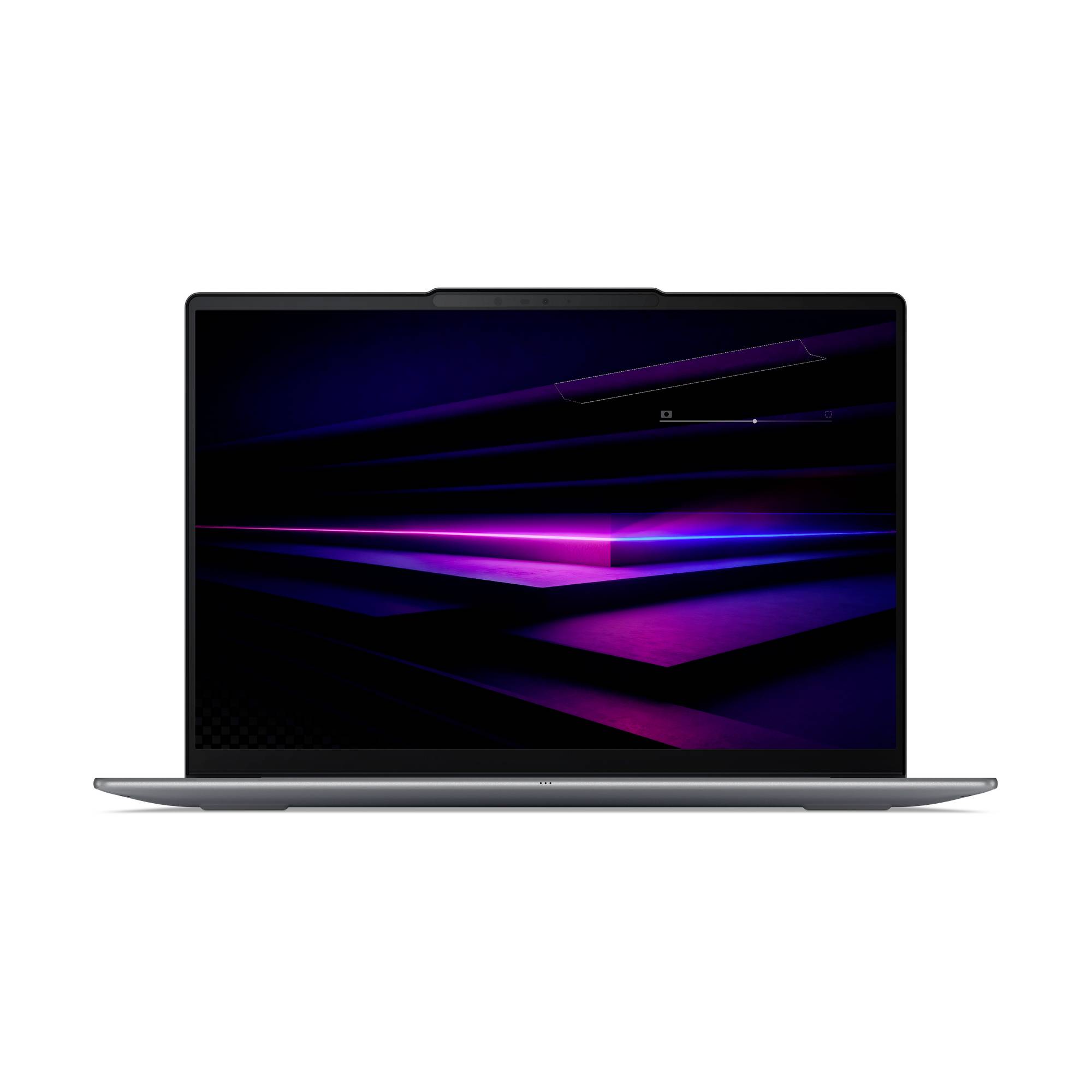 Geschlossener silberner Laptop mit dunklem Bildschirm, auf dem abstrakte violette und blaue Lichtstreifen zu sehen sind, zentriert auf weißem Hintergrund.