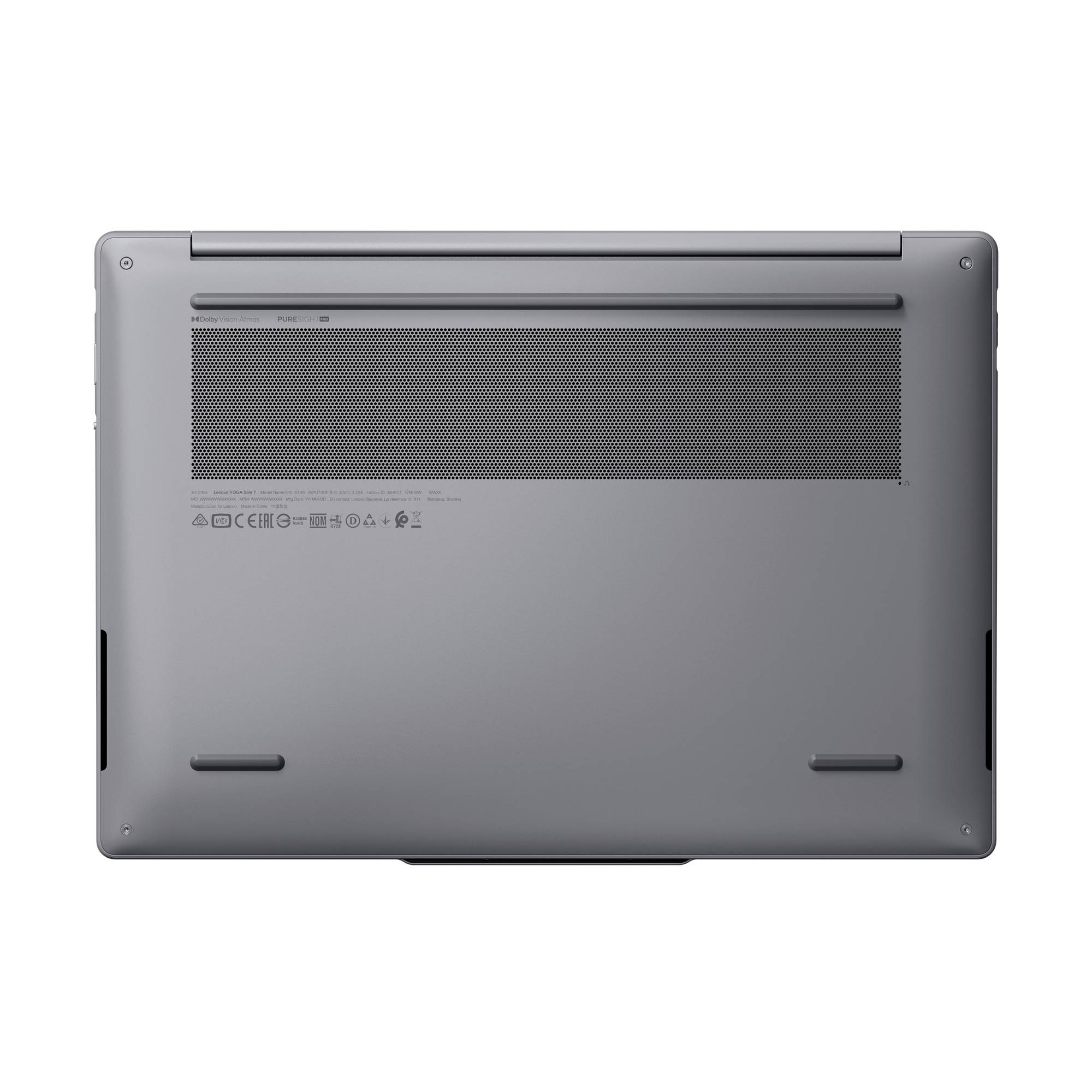 Unteransicht eines grauen Laptops mit Lüftungsgitter, Gummifüßen und kleinen behördlichen Markierungen.