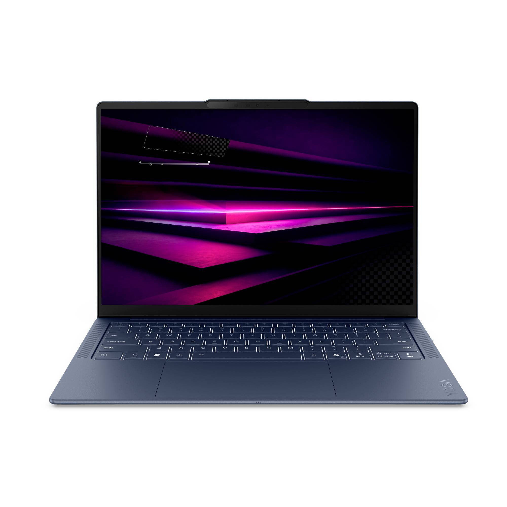 Offener Laptop mit dunklem Bildschirm, auf dem abstrakte violette und rosa Lichtstreifen auf weißem Hintergrund zu sehen sind.
