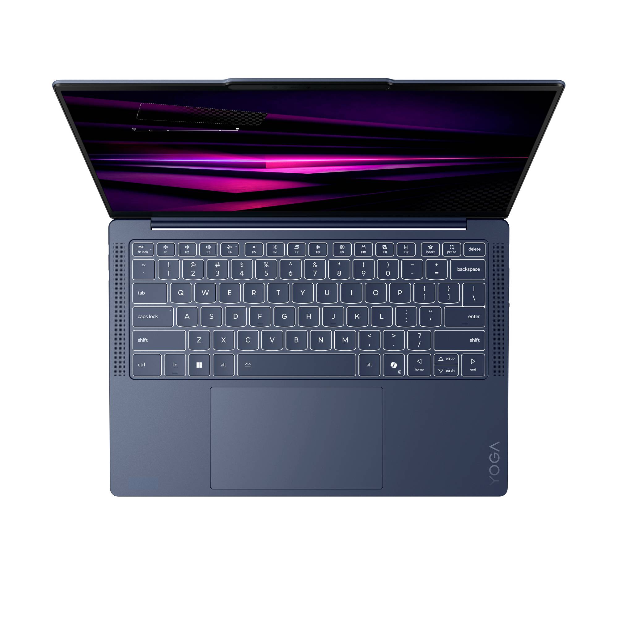 Draufsicht auf einen dunkelblau geöffneten Laptop mit violettem abstraktem Bildschirm und vollständiger Tastatur, zentriert auf weißem Hintergrund.