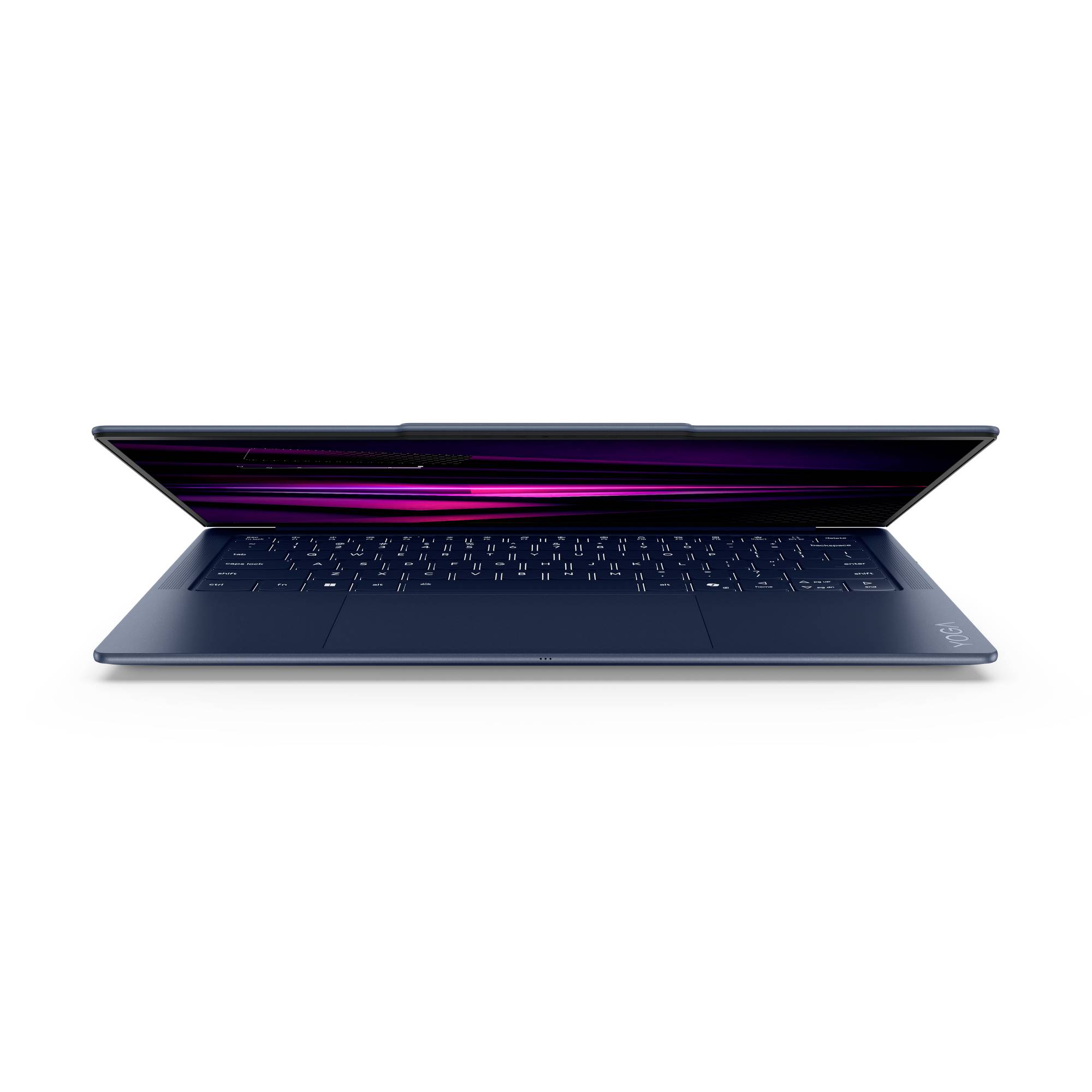 Laptop von der Seite geöffnet, mit dunkelgrauer Tastatur und Bildschirm mit lila und rosa Streifen auf weißem Hintergrund.