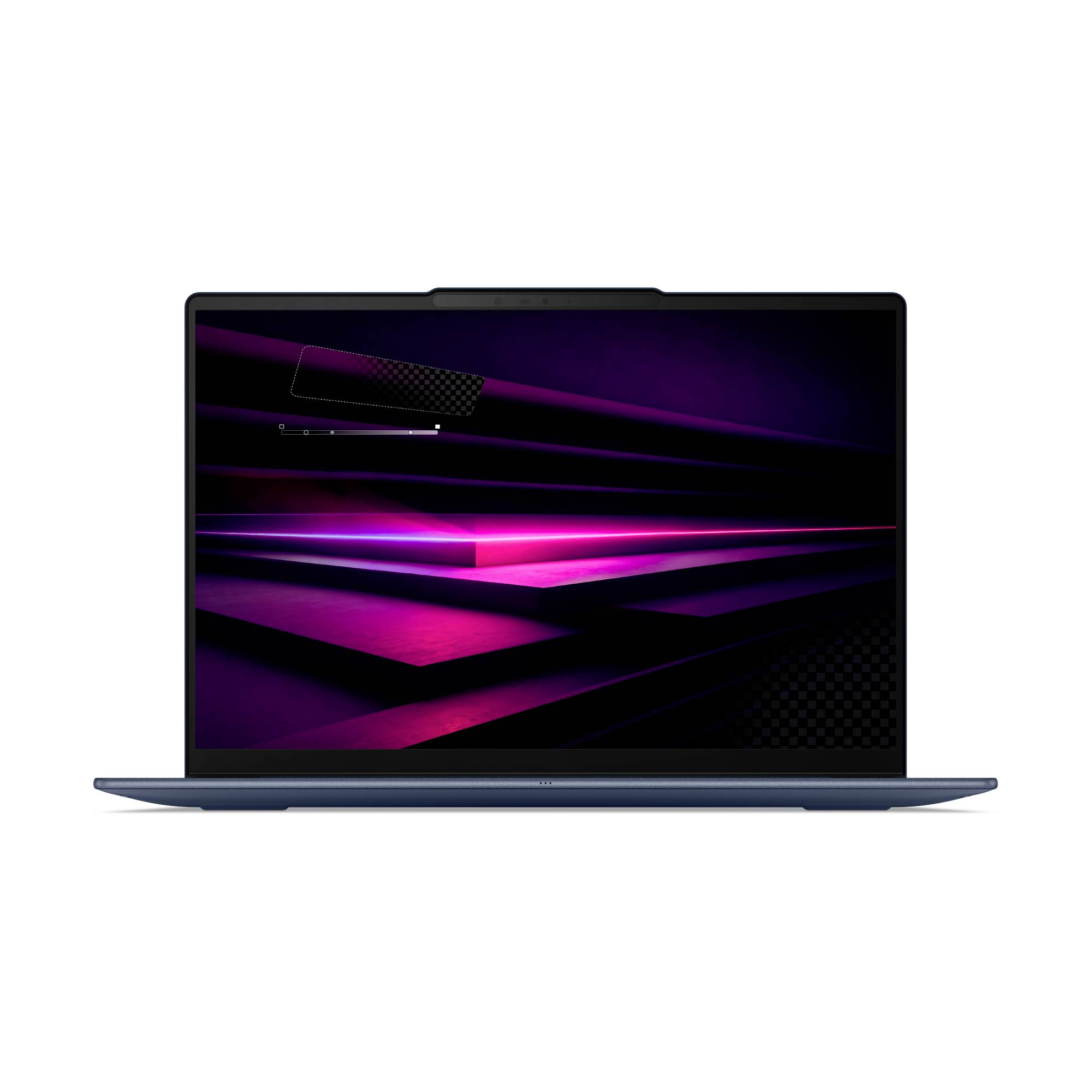 Zugeklappter Laptop mit abstraktem geometrischem Hintergrundbild in Dunkelviolett und Rosa auf dem Bildschirm, Vorderansicht auf weißem Hintergrund.