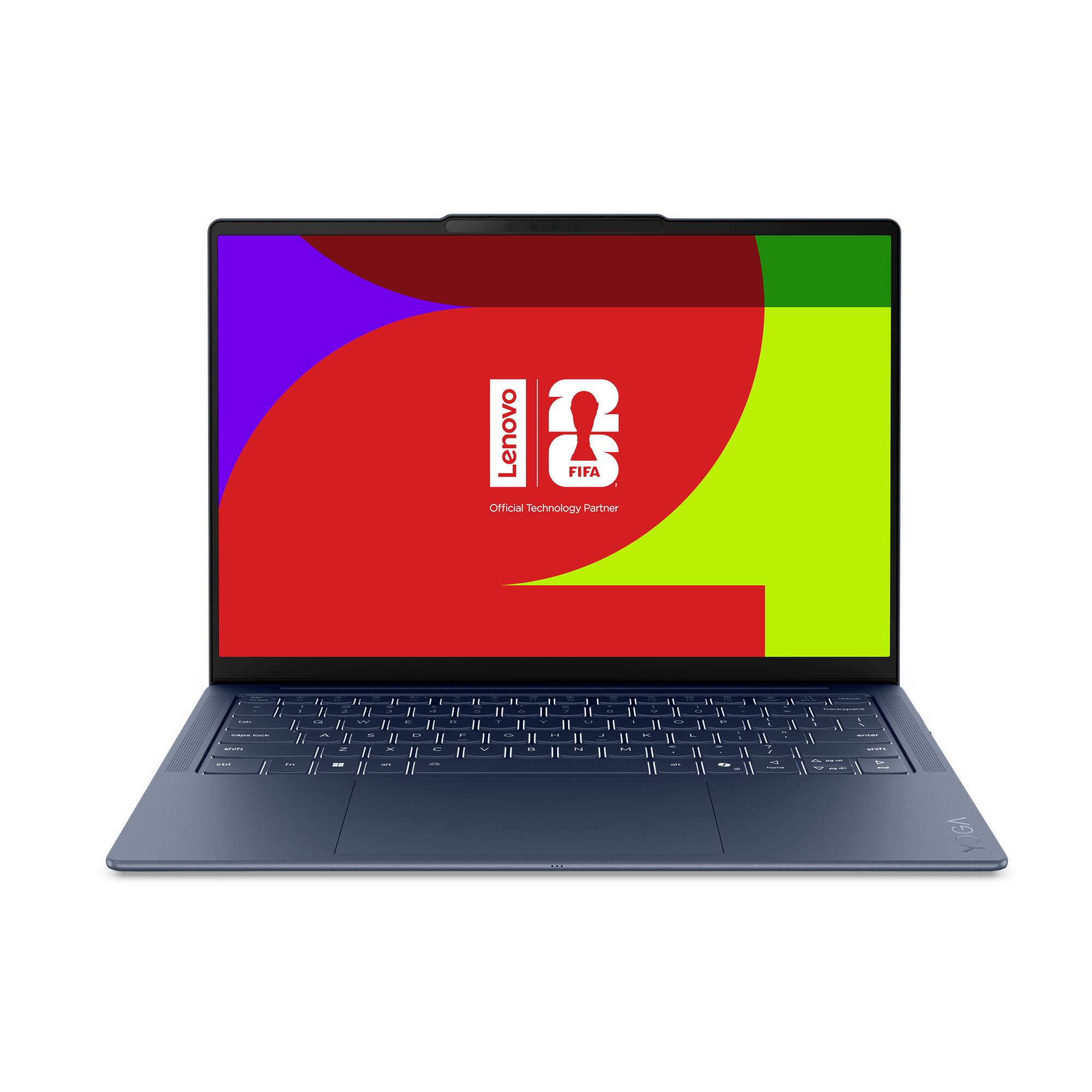 Frontansicht eines geöffneten Lenovo-Laptops auf weißem Hintergrund, auf dem ein helles Lenovo-FIFA-Logo „Official Technology Partner" auf dem Bildschirm angezeigt wird.