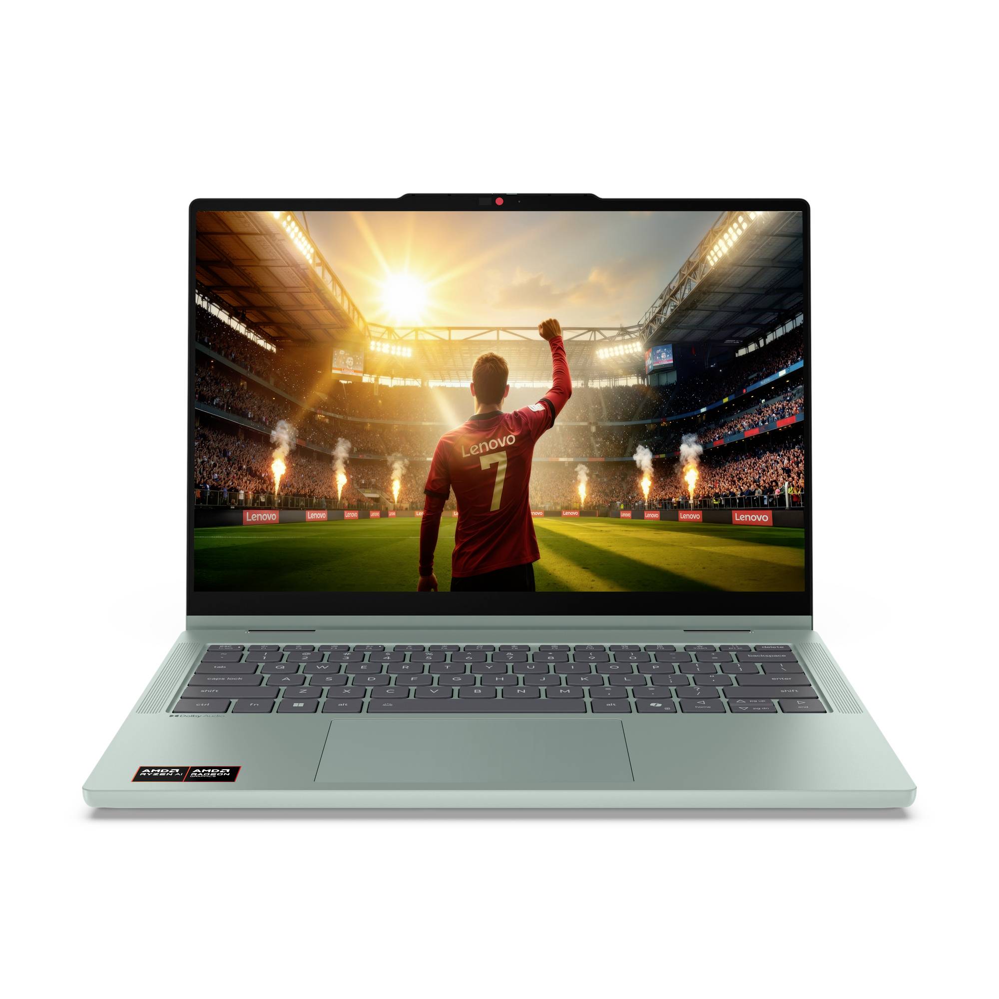 Ein Laptop zeigt einen Fußballspieler in einem Stadion, der eine Faust erhoben hält, mit heller Sonne und Feuerwerk im Hintergrund.