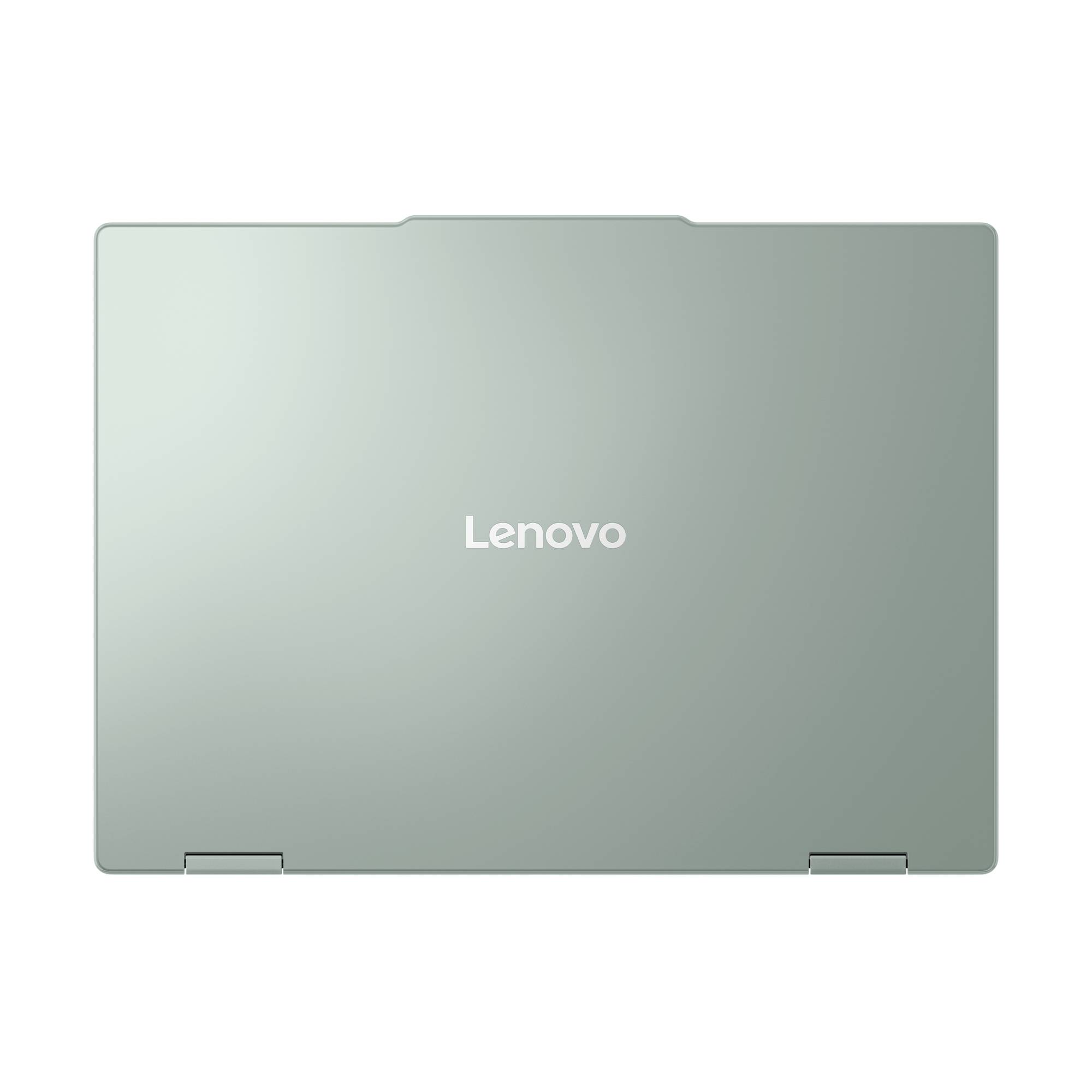 Geschlossener silberner Lenovo-Laptop mit zentriertem Lenovo-Logo, von oben auf weißem Hintergrund gezeigt.