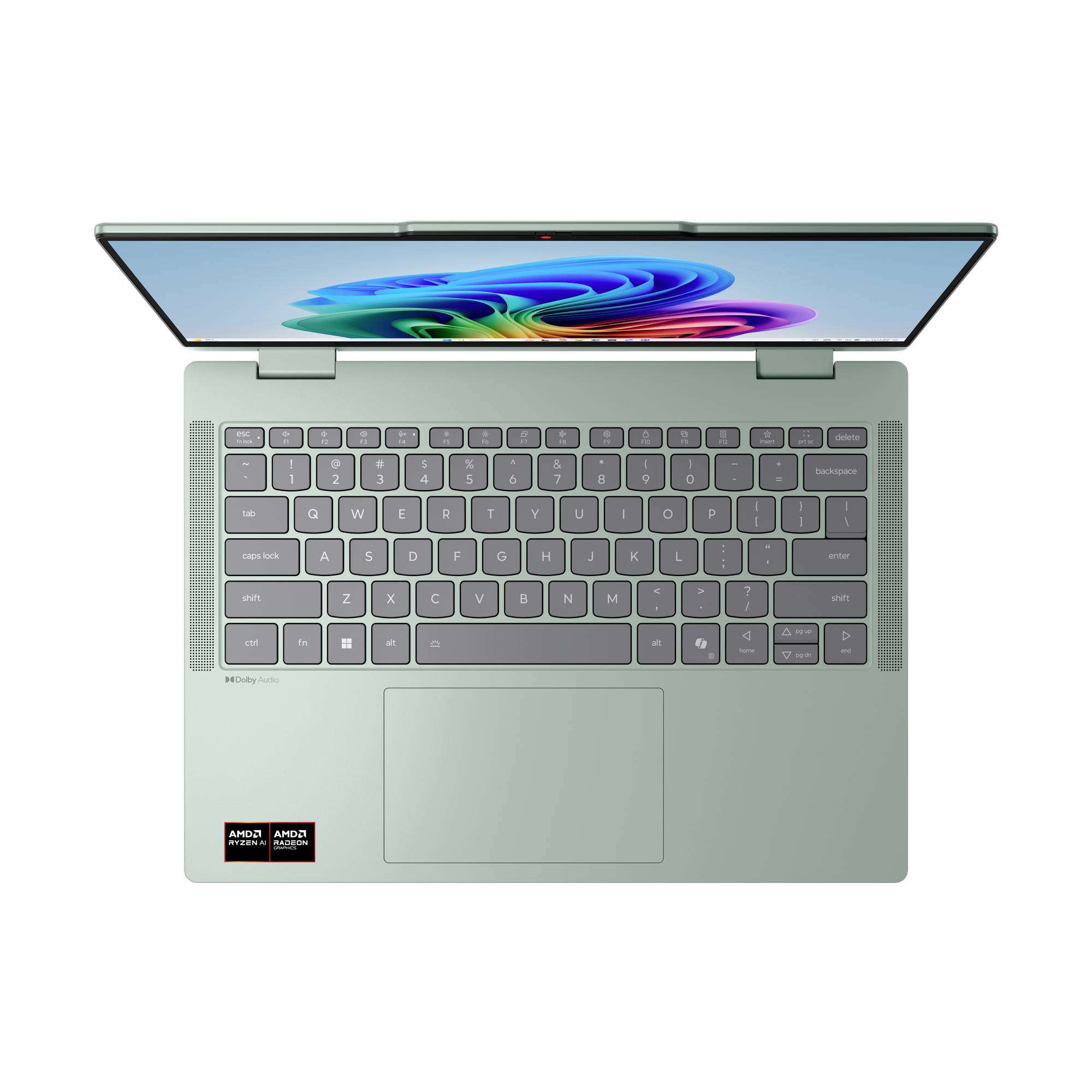 Offener Laptop von oben betrachtet, zeigt Tastatur, großes Touchpad und buntes abstraktes Hintergrundbild auf dem Bildschirm.