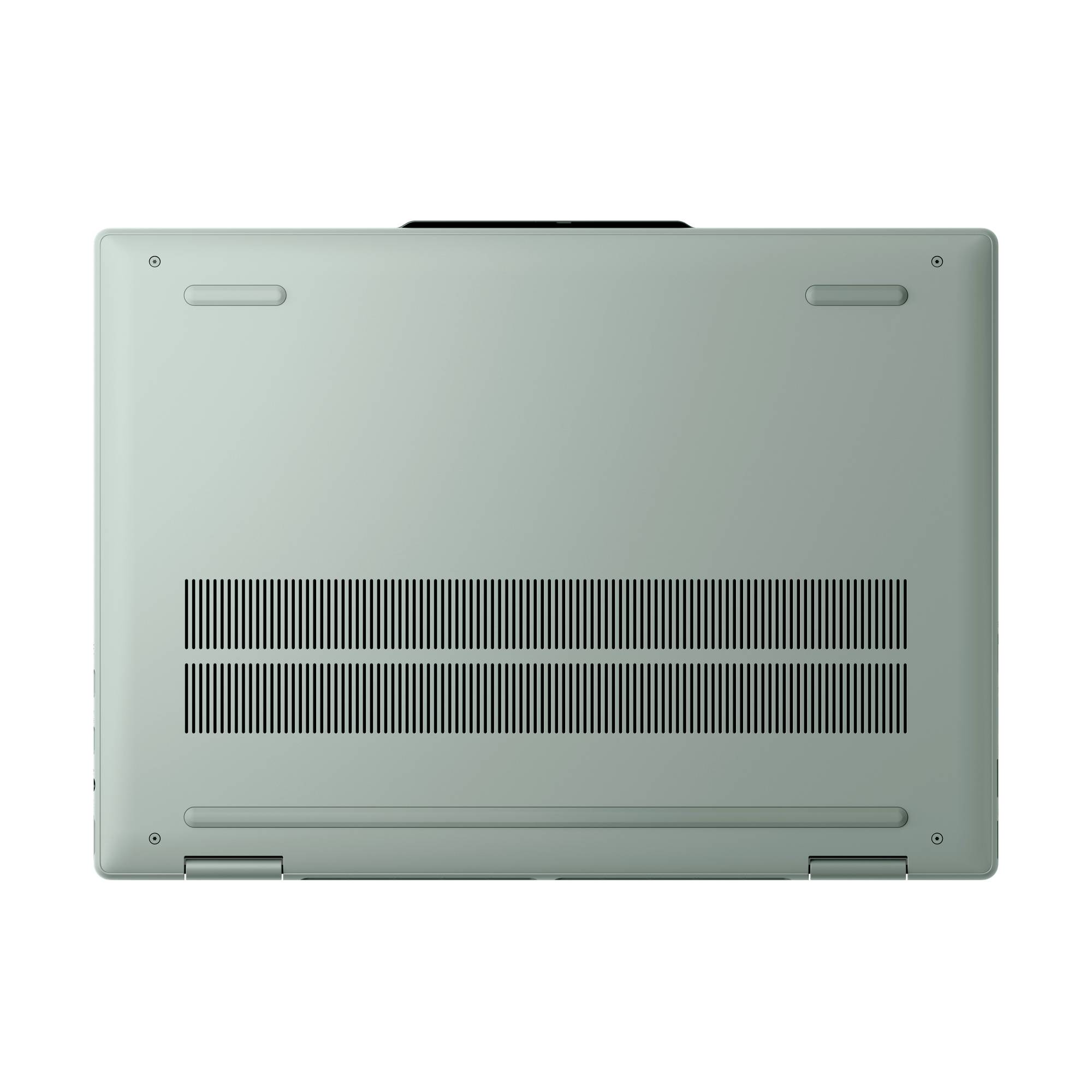 Unteransicht eines geschlossenen silbernen Laptops mit Belüftungsschlitzen und Gummifüßen.