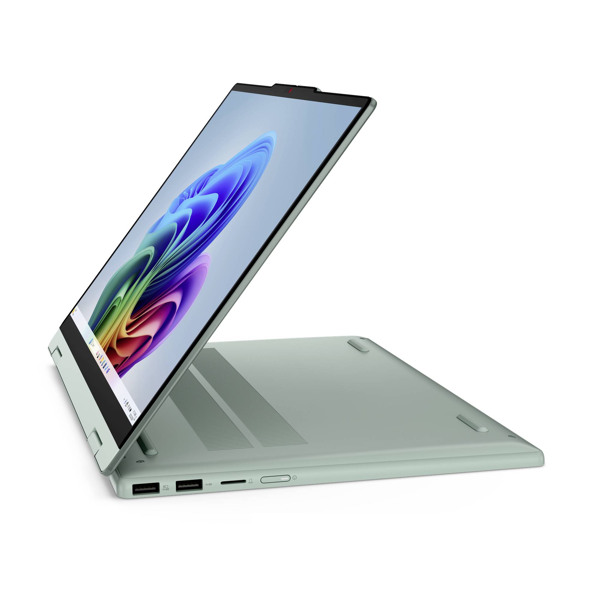 Ein 2-in-1-Laptop im Zeltmodus, wobei sein Touchscreen-Display in aufrechtem Winkel über einer gefalteten Basis angezeigt wird, mit auf der Seite sichtbaren USB-Anschlüssen.