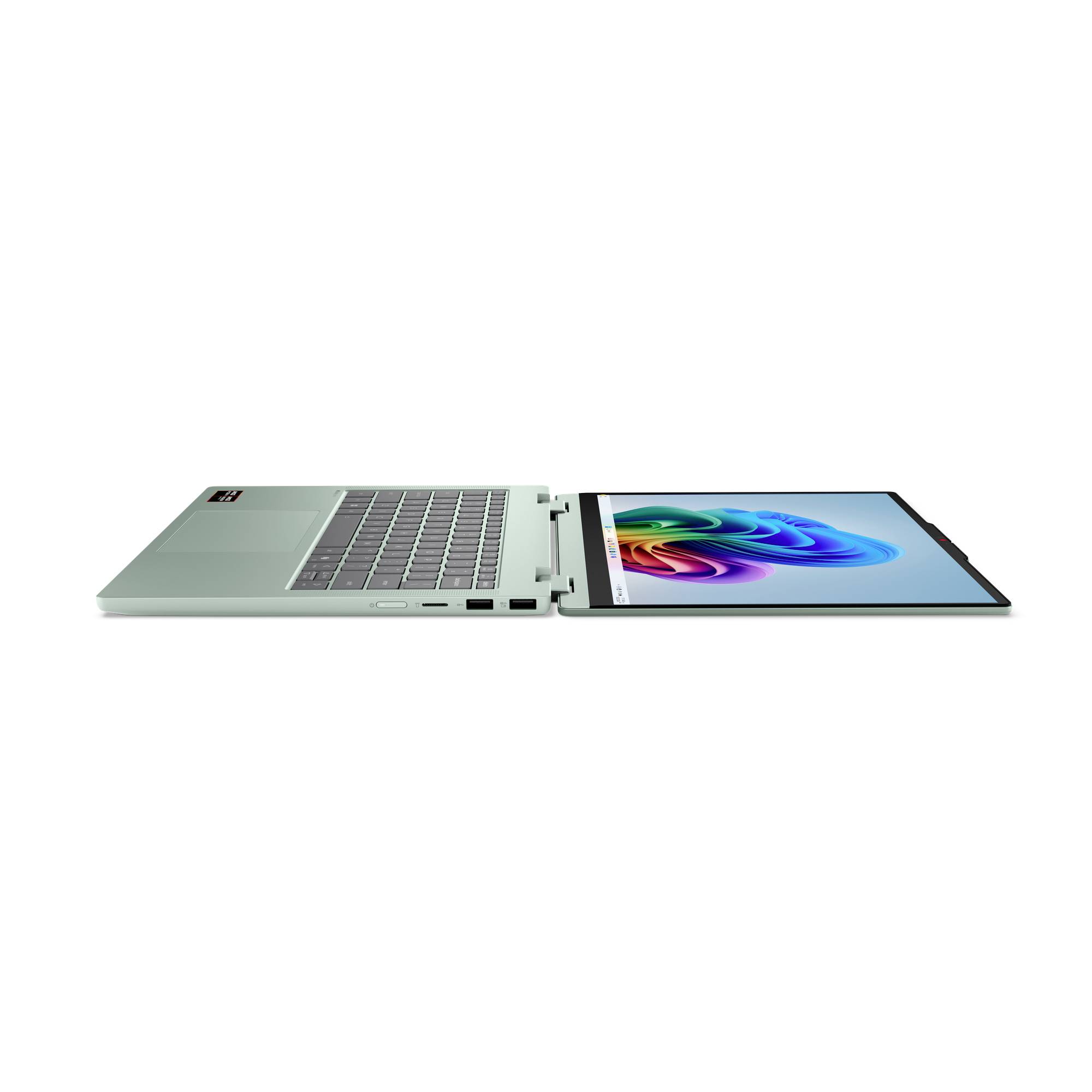 Laptop mit abnehmbarem oder Dual-Screen-Design, das ein farbenfrohe abstrakte Anzeige im rechten Panel zeigt.