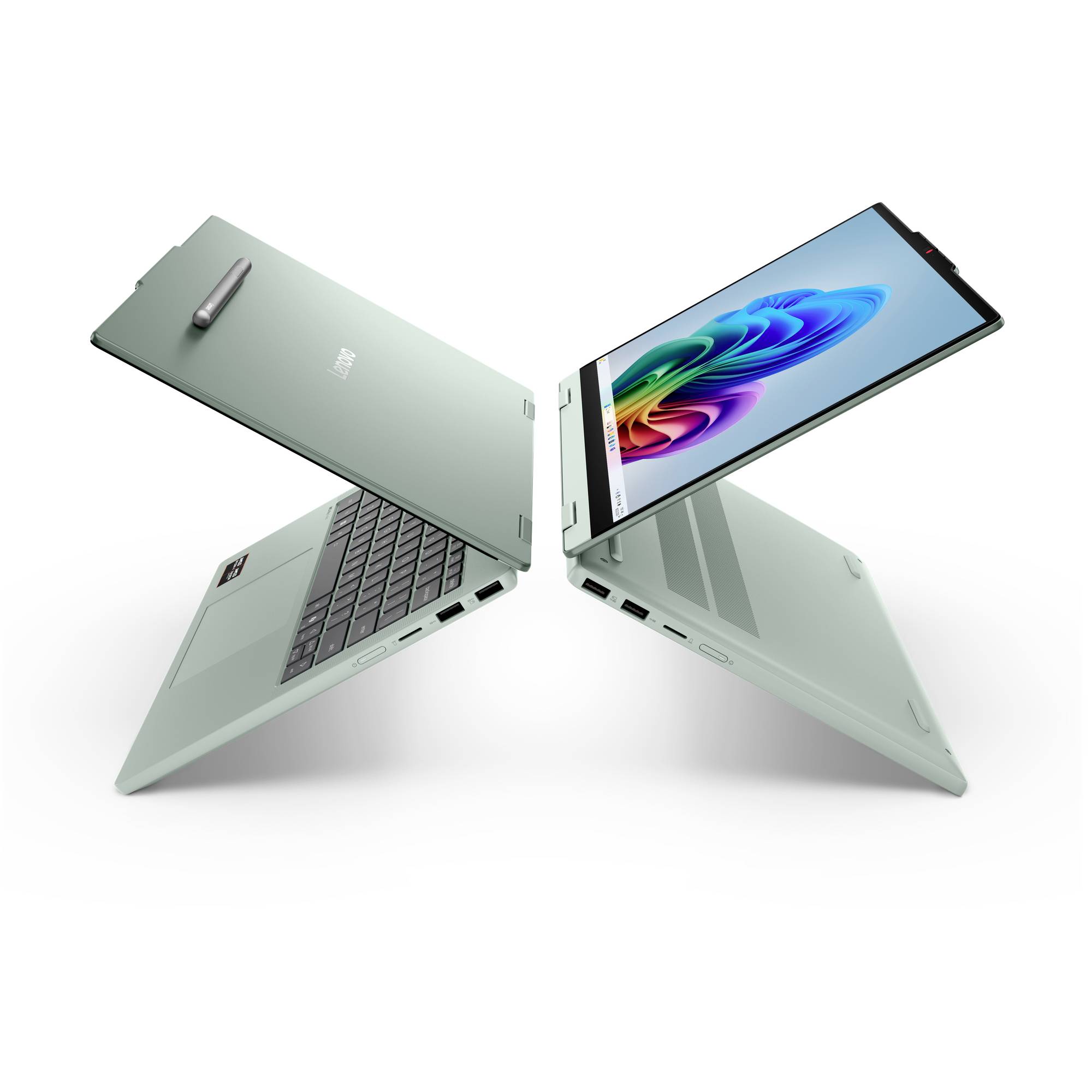 Zwei mintgrüne 2-in-1-Laptops im Zeltmodus gezeigt, einer mit sichtbarer Tastatur und einer mit farbenfrohem Bildschirm.