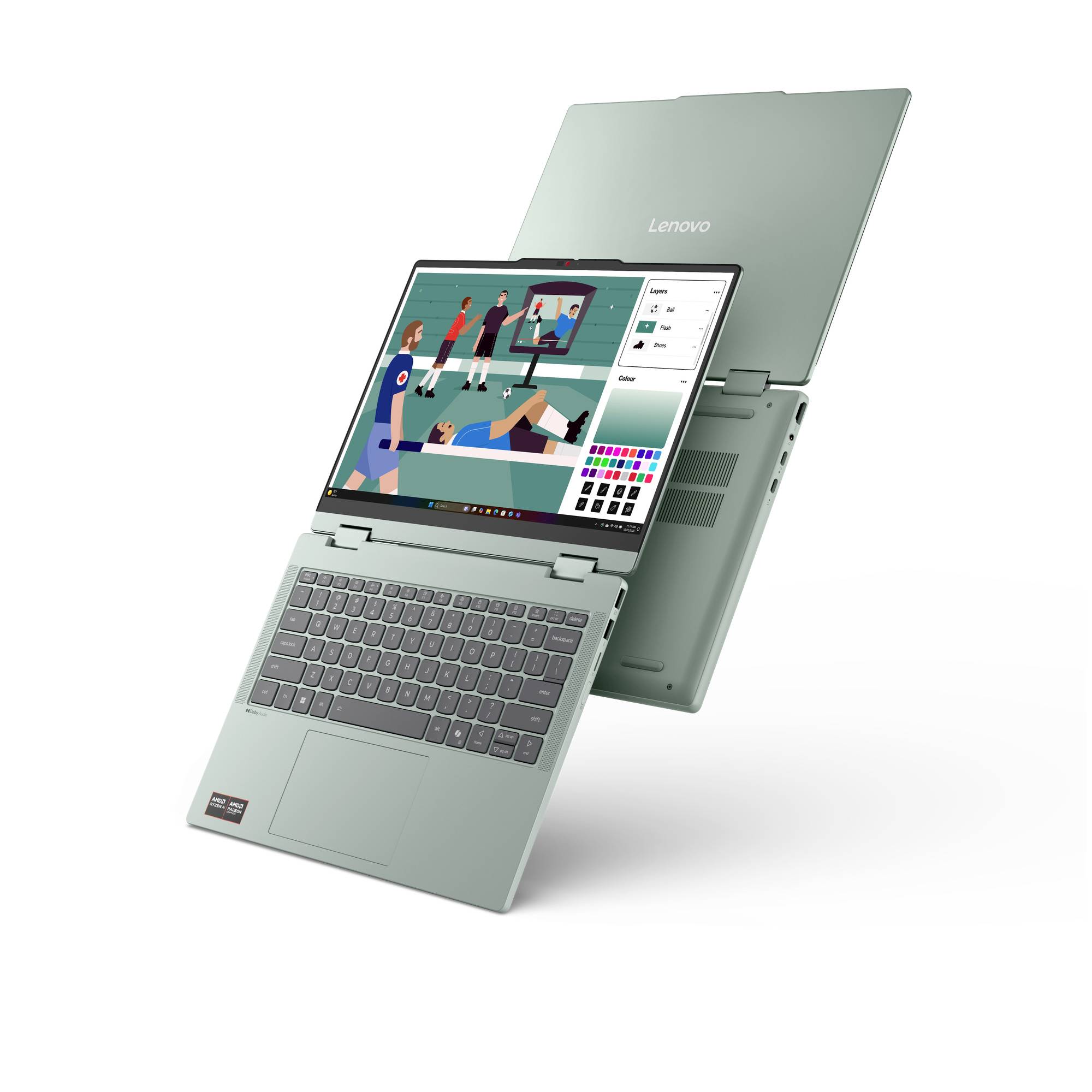 Lenovo Laptop im Zeltmodus geöffnet mit einer Zeichenanwendung auf dem Bildschirm und angehängter Tastatur, von vorne-links auf weißem Hintergrund betrachtet.