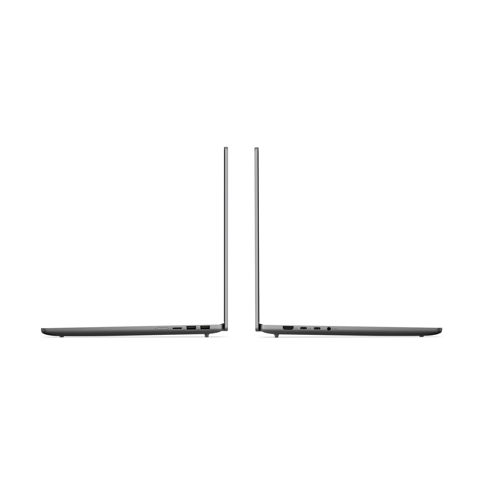 Zwei dünne Laptops in Profilansicht, einer offen und einer geschlossen, auf minimalistischem weißem Hintergrund.