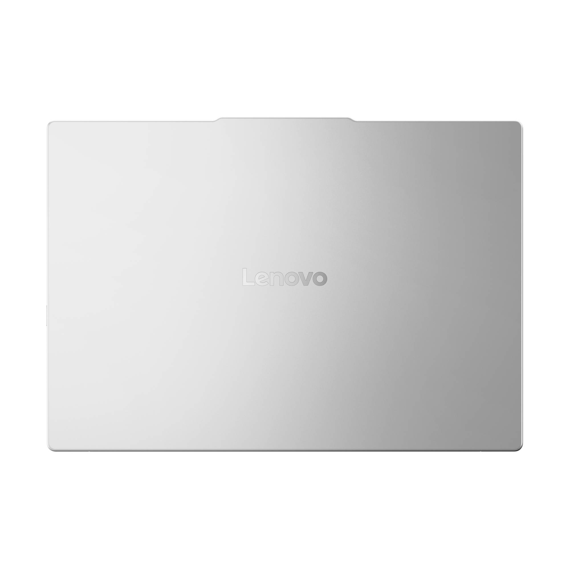 Geschlossenes silbernes Lenovo-Laptop von oben auf weißem Hintergrund betrachtet.