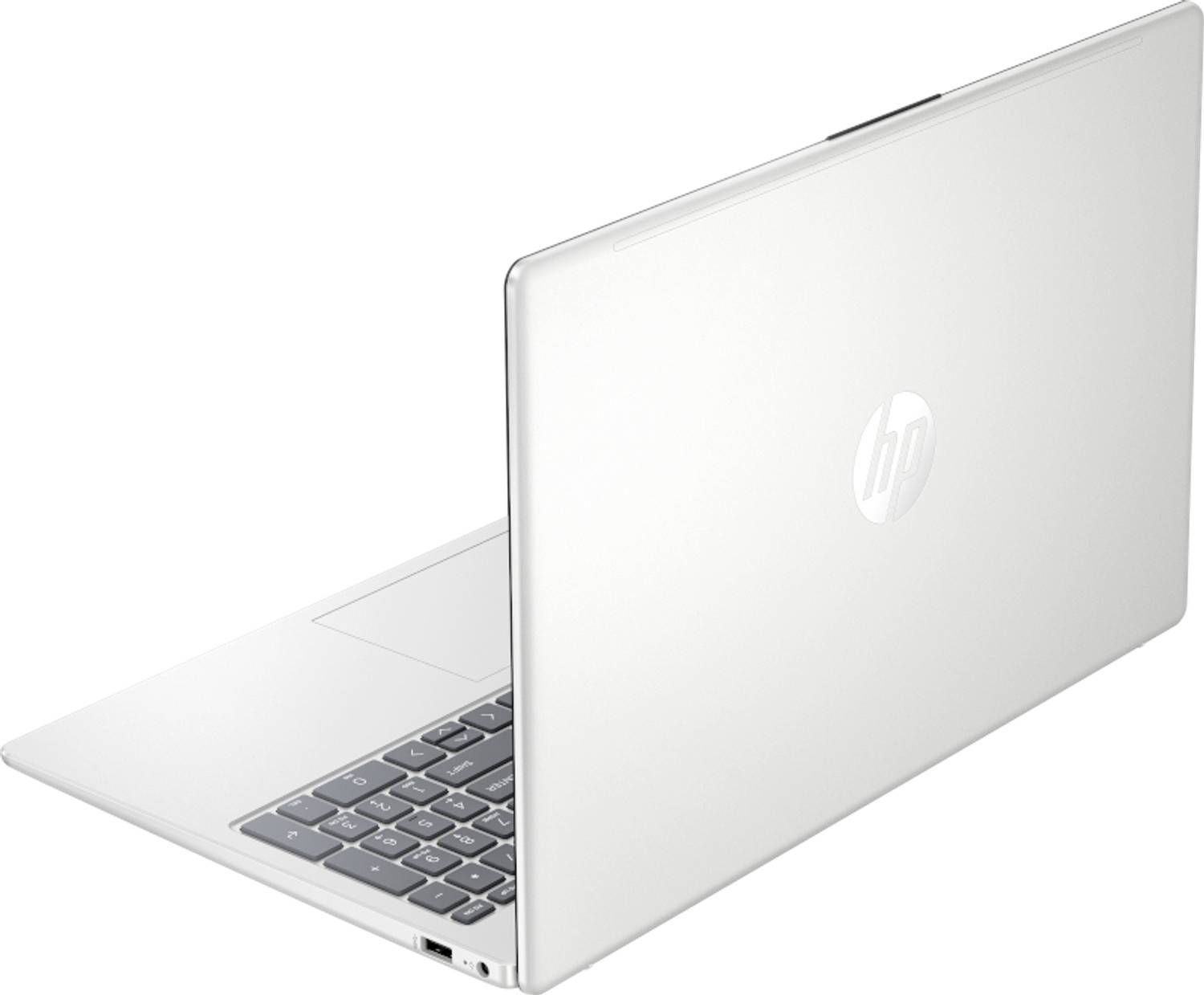 Ein silberner HP-Laptop, der auf weißem Hintergrund teilweise geöffnet ist und die Tastatur und das Deckellogo zeigt.