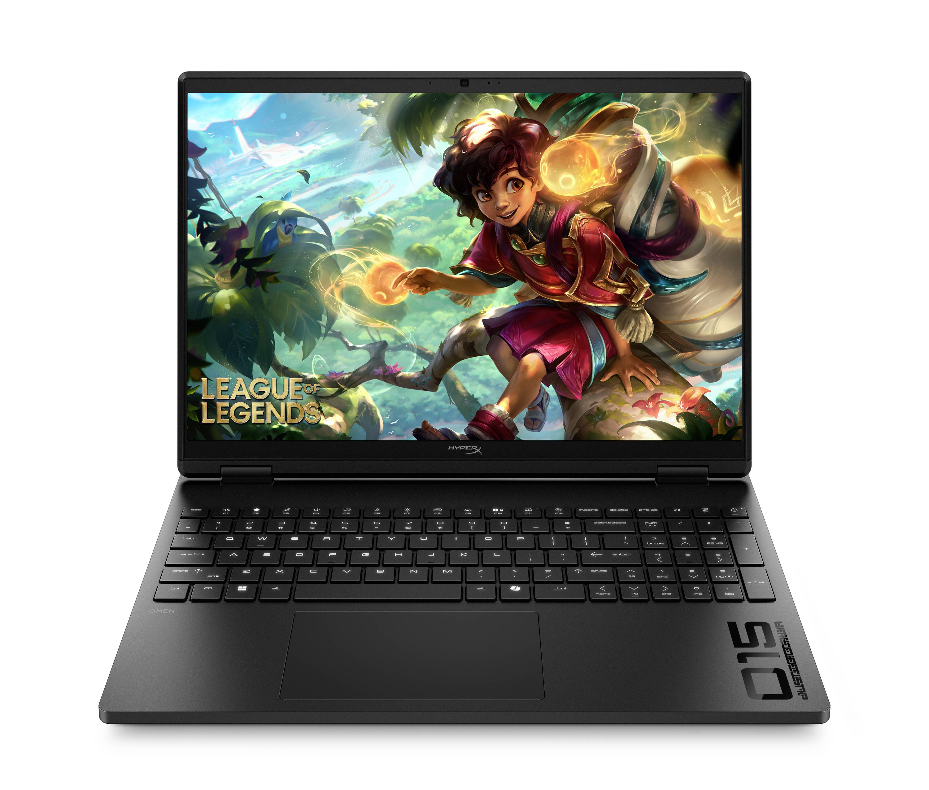 Schwarzer MSI-Laptop mit einem Spiel auf dem Bildschirm, das eine League of Legends-Figur in einer farbenfrohen Fantasy-Szene zeigt.