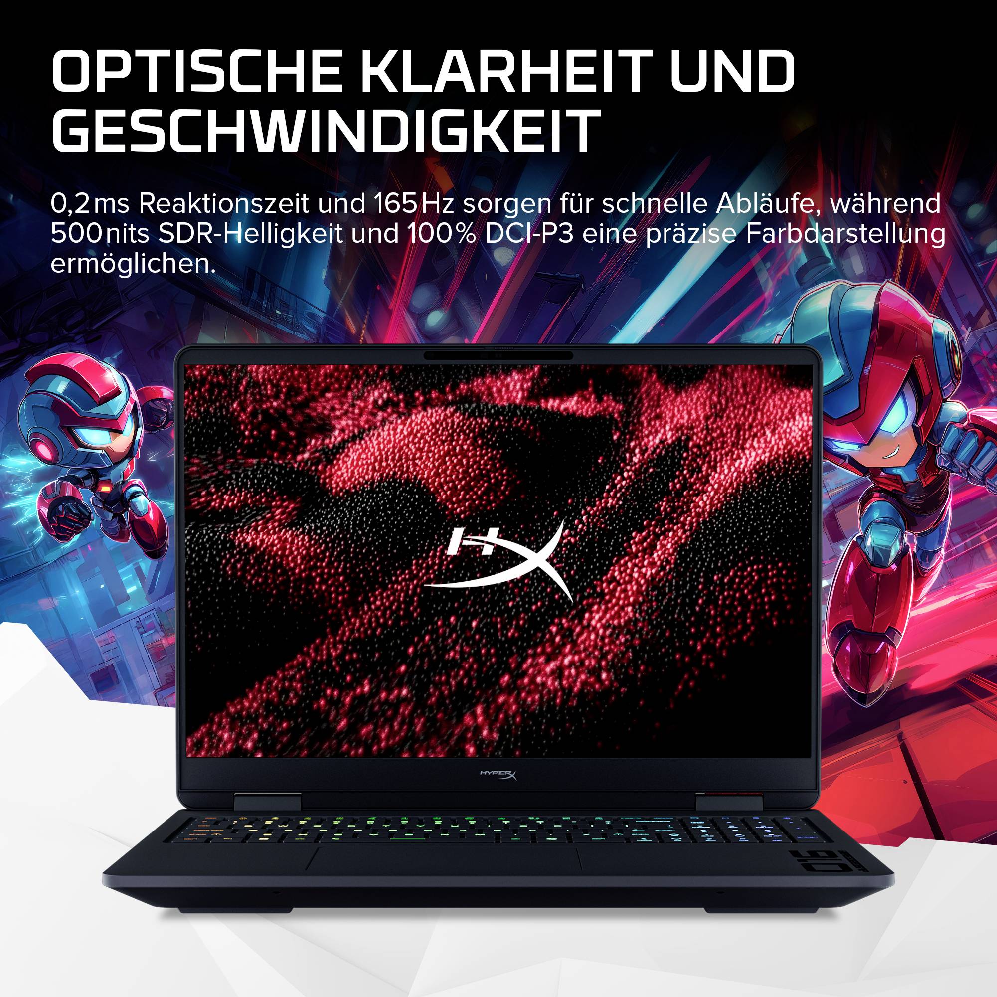 Gaming-Laptop mit HyperX-Logo, das „Optische Klarheit und Geschwindigkeit" bewirbt; der Text hebt die Reaktionszeit von 0,2 ms, 165 Hz, 500 Nits SDR und 100% DCI-P3-Farbraum hervor.