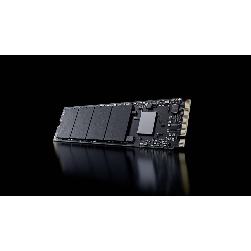 Ein schwarzes Solid-State-Drive-Modul mit mehreren Speicherschips, dargestellt auf einer reflektierenden dunklen Oberfläche vor schwarzem Hintergrund.
