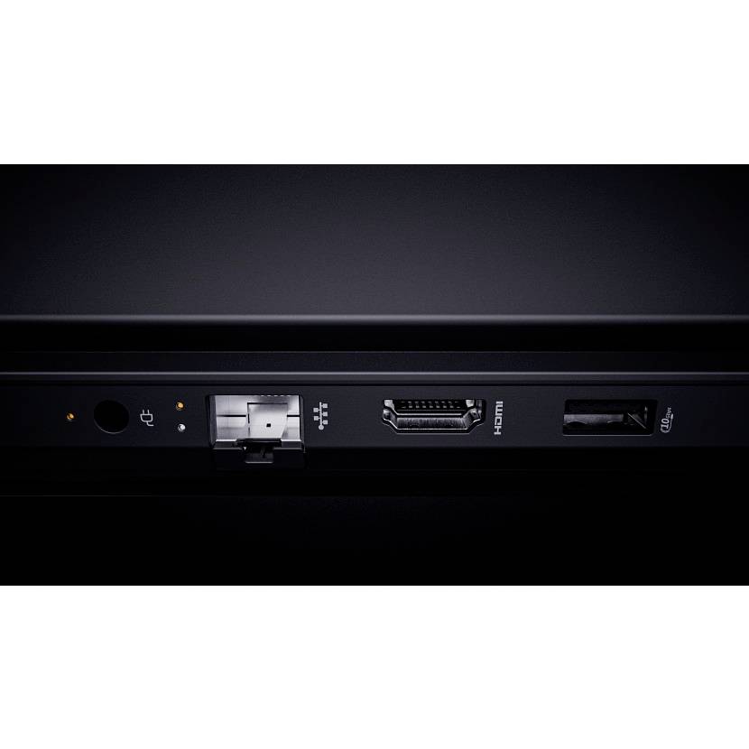 Rückansicht eines Monitors mit Anschlussports: Stromversorgung, USB, HDMI und einem weiteren Videoeingang, mit Statusleuchten auf einem schwarzen Bedienfeld.