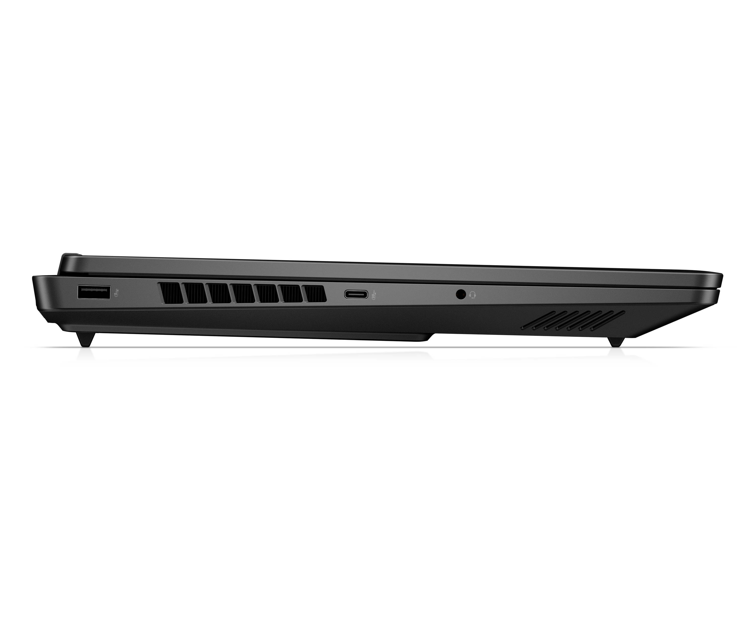 Seitenansicht eines geschlossenen schwarzen Laptops mit schlankem Profil, Lüftungsöffnungen, Anschlüssen und niedrigen Füßen auf weißem Hintergrund.