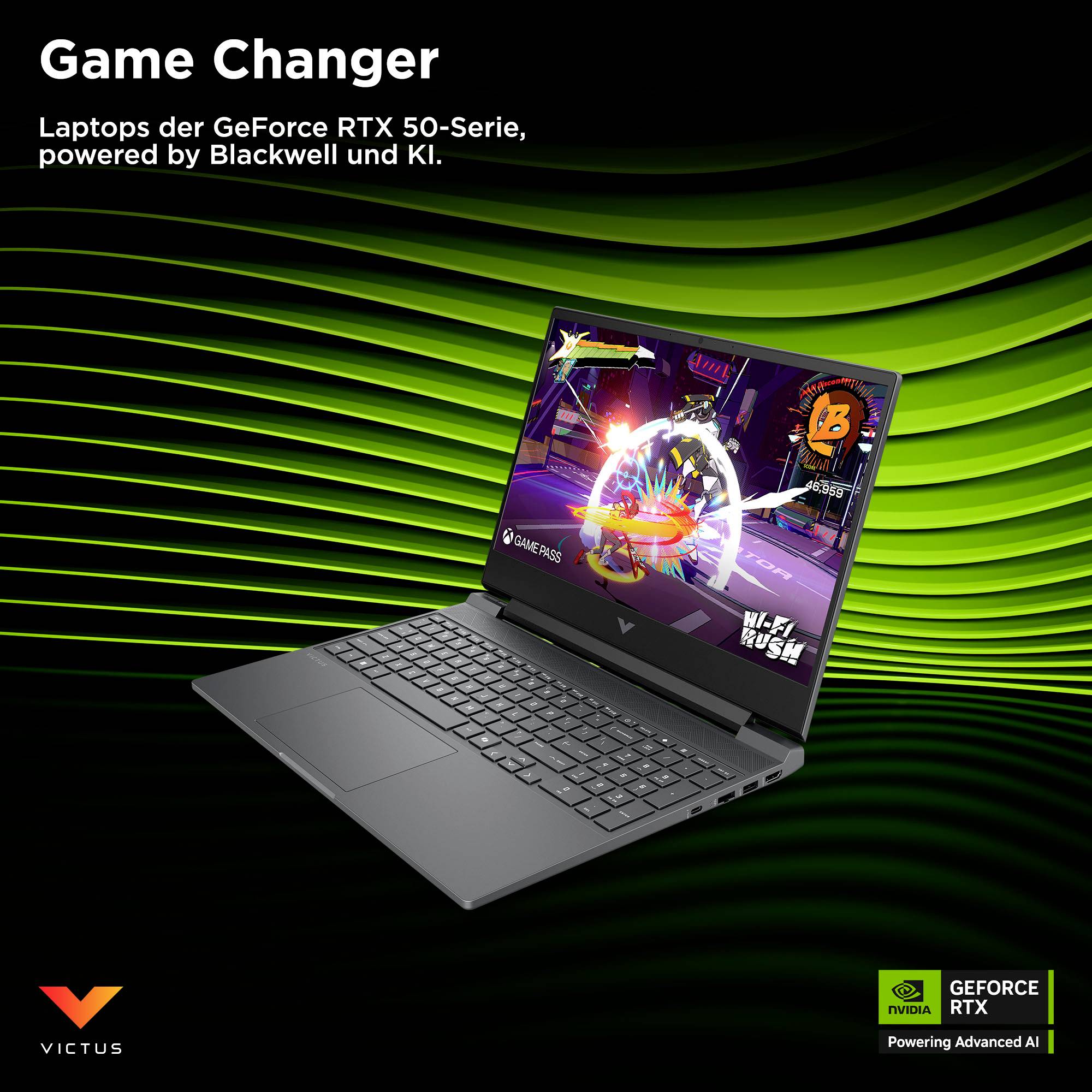 Gaming-Laptop-Anzeige für Victus GeForce RTX 50 Serie, angetrieben von Blackwell und KI, zeigt einen grauen Laptop mit einem Spiel auf dem Bildschirm über einem grünen Wellenhintergrund.