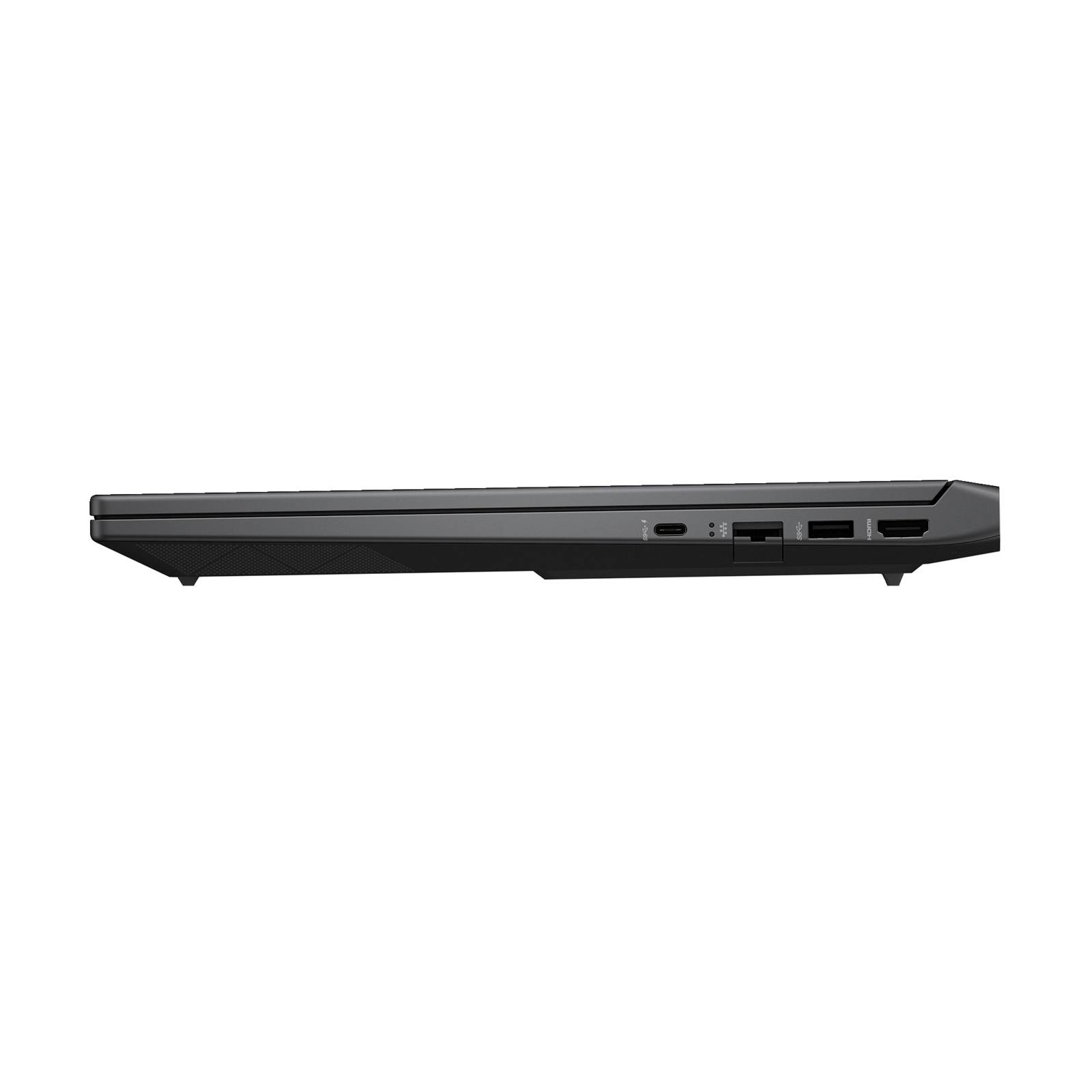Seitenansicht eines schlanken schwarzen Laptops oder tragbaren Geräts mit seinen Anschlüssen an der rechten Kante.