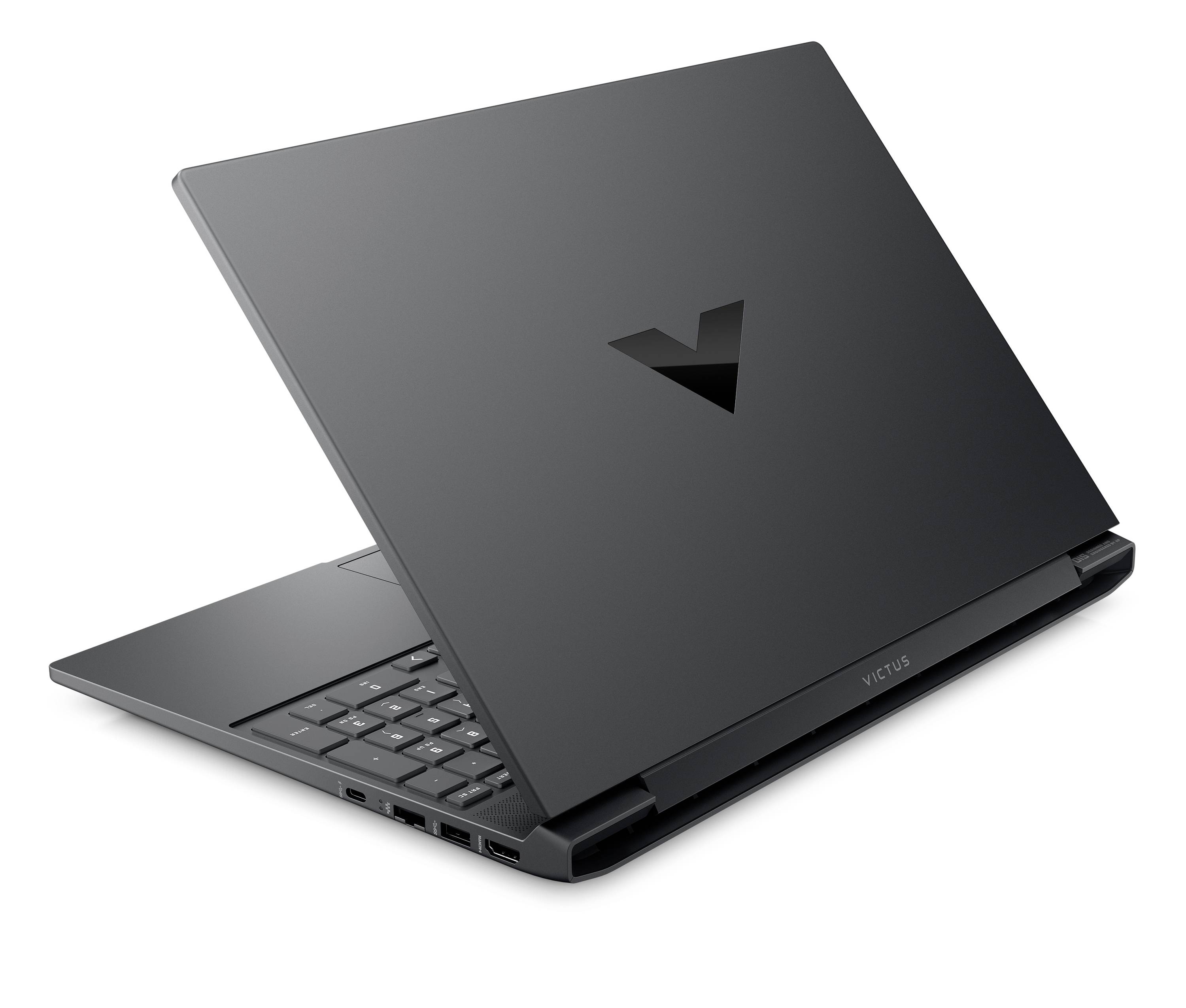 Geschlossener dunkelgrauer Laptop mit einem V-förmigen Logo, dargestellt in einer Dreiviertelsansicht auf weißem Hintergrund.