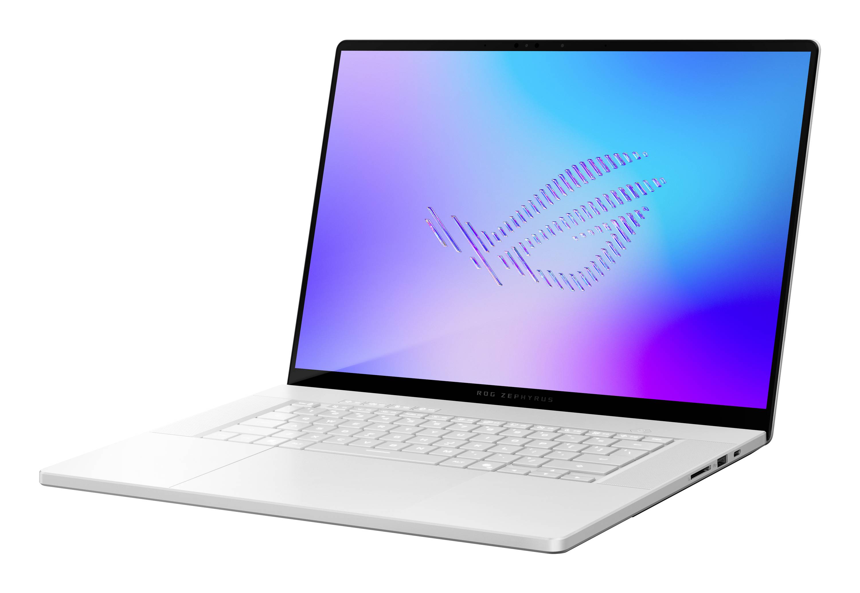 Silberner ASUS ROG-Laptop, schräg geöffnet dargestellt, mit dem ROG-Logo auf einem blauvioletten Bildschirm.