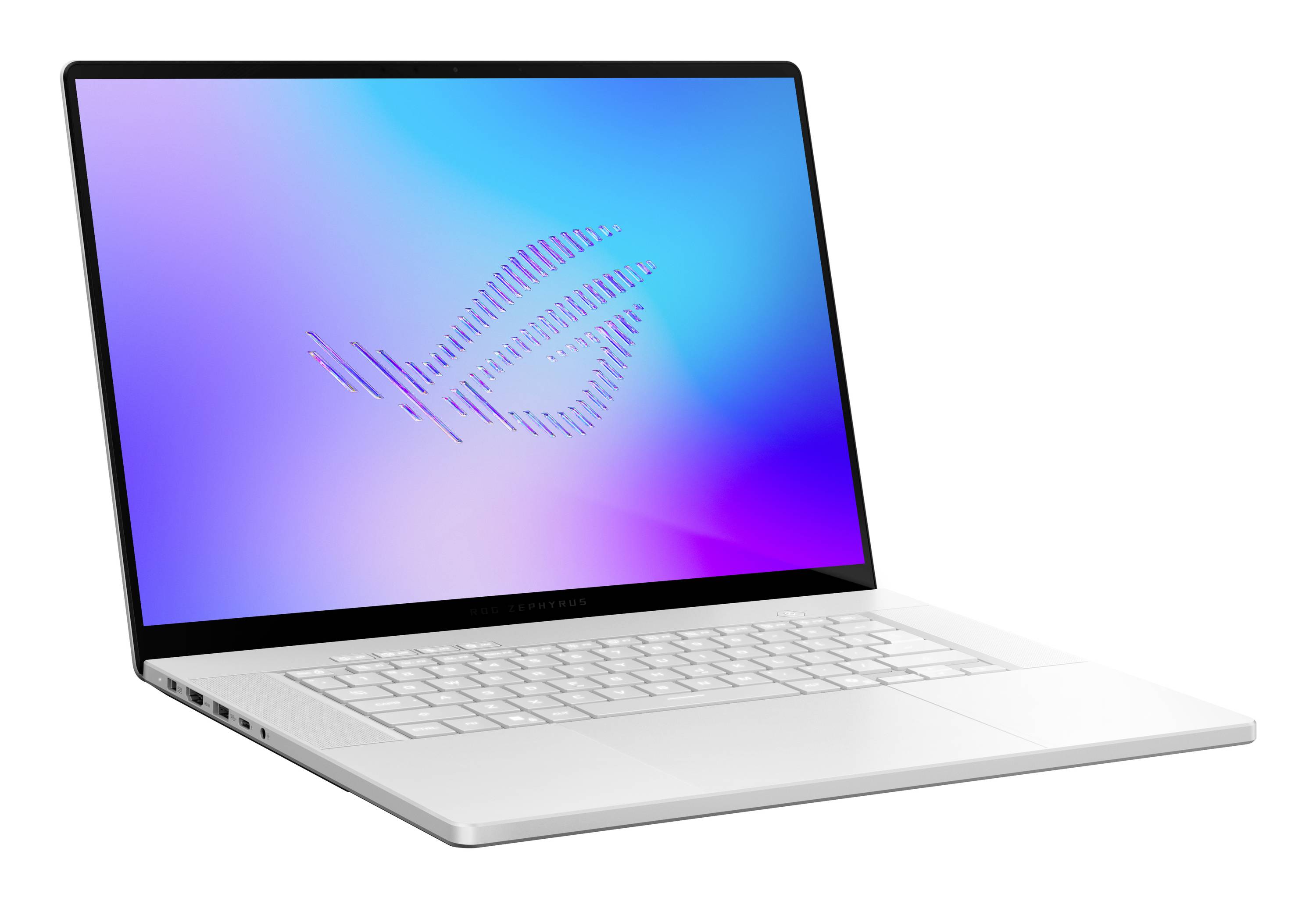 Silberner Laptop im Winkel geöffnet, zeigt einen farbenfrohen Gradientenschirm mit dem ROG-Logo.