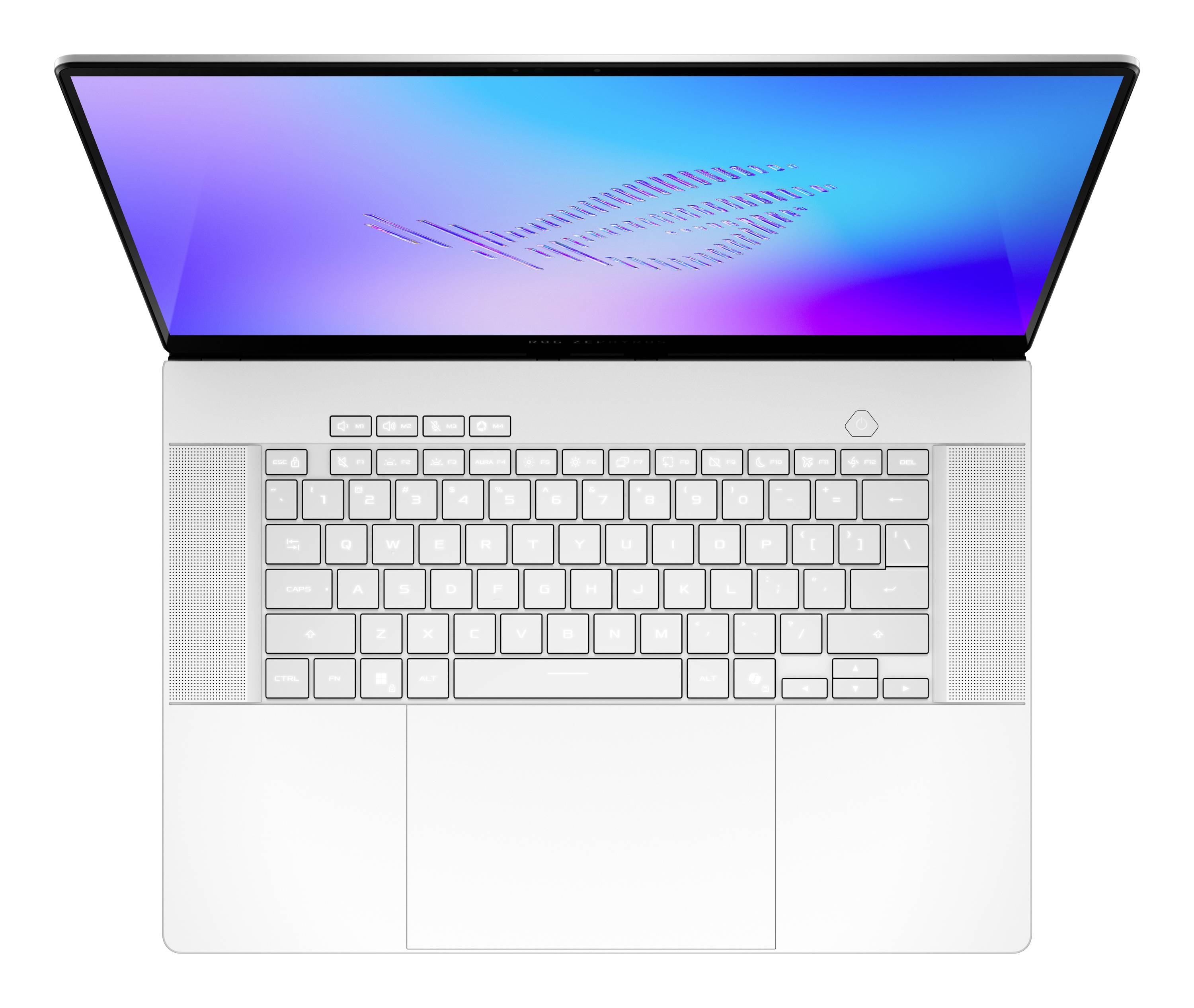 Aufgeklappter silberner Laptop mit großem blauviolettem Display und vollständiger Tastatur, von oben auf weißem Hintergrund gezeigt.