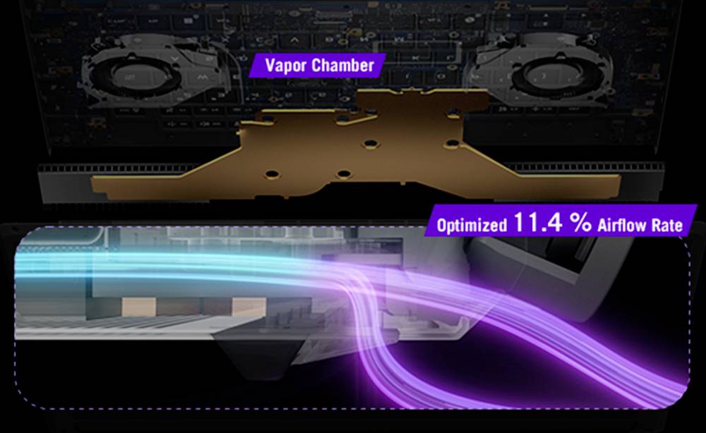 Laptop-Kühlungsgrafik mit einer Dampfkammer und "Optimierte 11,4% Luftdurchsatzrate" mit violetten Luftströmungslinien, die durch das Chassis fließen.