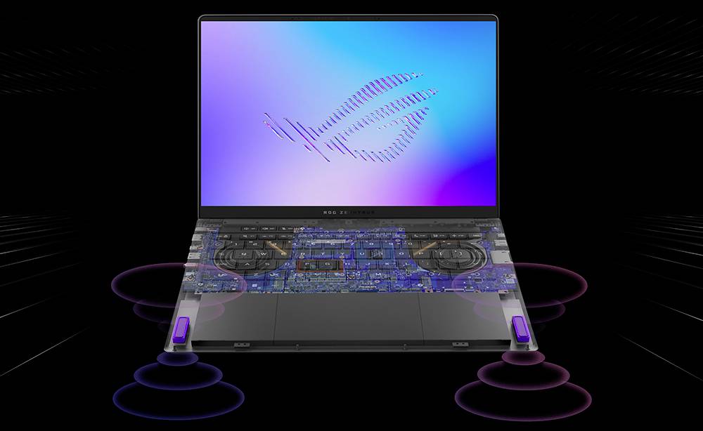 Ein futuristischer Laptop mit einem farbenfrohen Bildschirm und einer durchsichtigen, blaupausenähnlichen Überlagerung interner Komponenten, schwebend über violetten Ringen auf schwarzem Hintergrund.