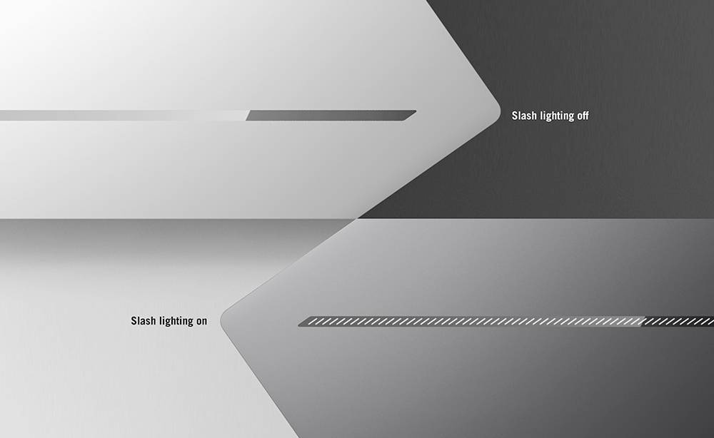 Vergleichsgrafik, die einen schmalen Lichtstreifen auf einer Klinge zeigt, mit „Slash-Beleuchtung aus" oben und „Slash-Beleuchtung an" unten, was den Beleuchtungseffekt demonstriert.