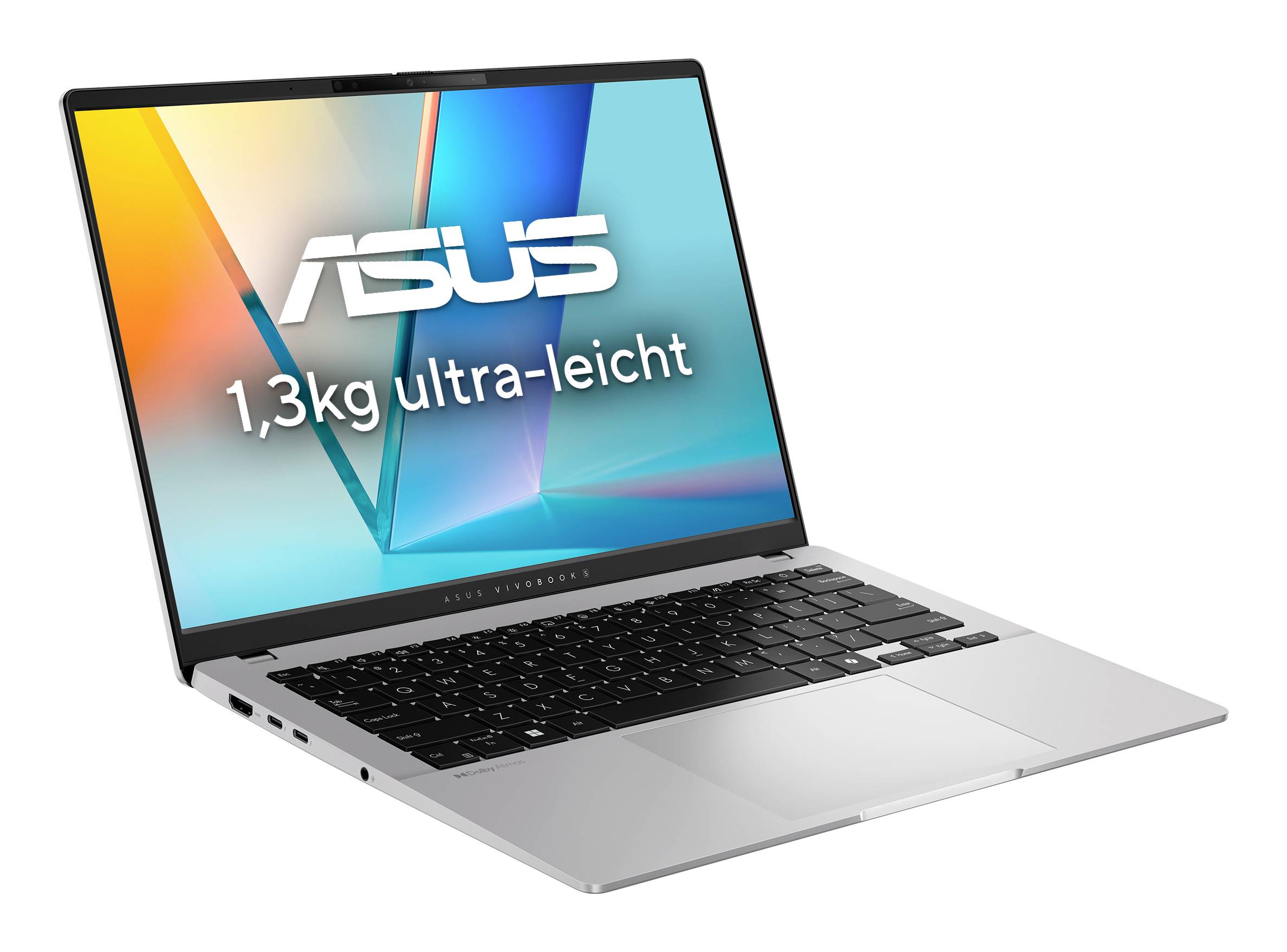 ASUS-Laptop im angewinkelten Zustand auf weißem Hintergrund, mit Bildschirmtext „1,3kg ultra-leicht", der das leichte Design betont.