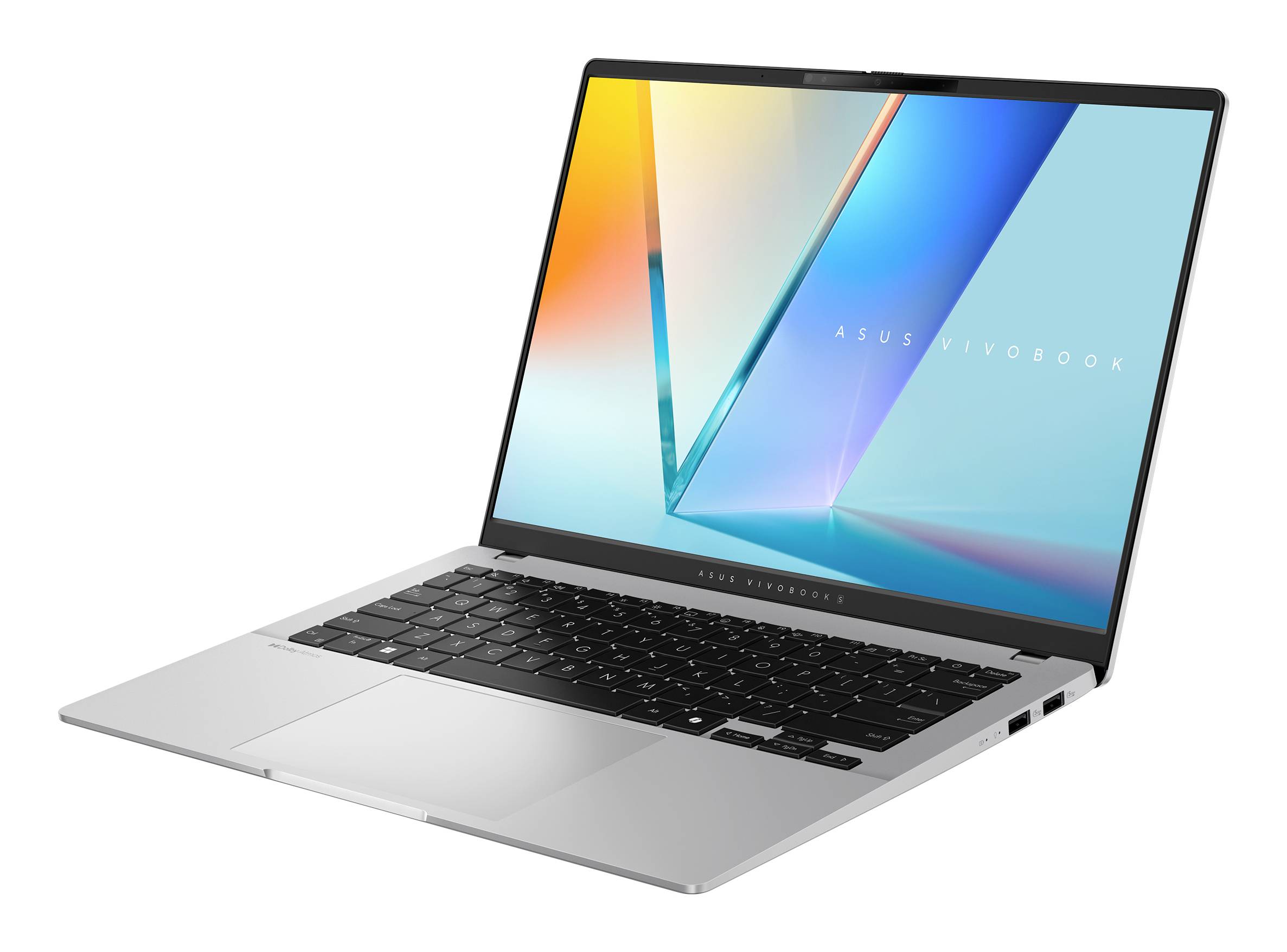 Offener silberner ASUS VivoBook Laptop mit farbenfrohem abstraktem Bildschirm auf weißem Hintergrund.
