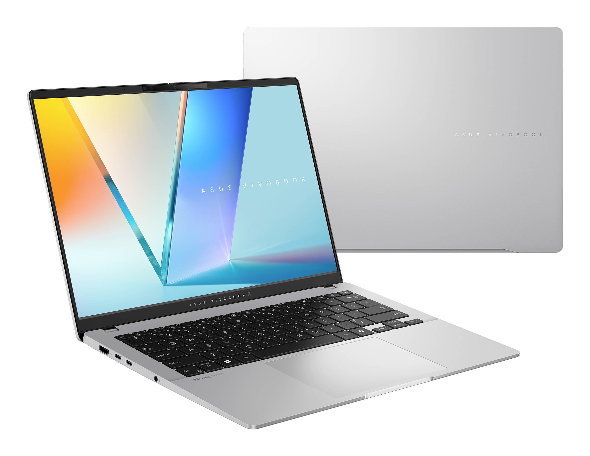 Offenes silbernes ASUS-Laptop von vorne mit eingeschaltetem Bildschirm, sowie ein passendes geschlossenes Laptop dahinter auf weißem Hintergrund.