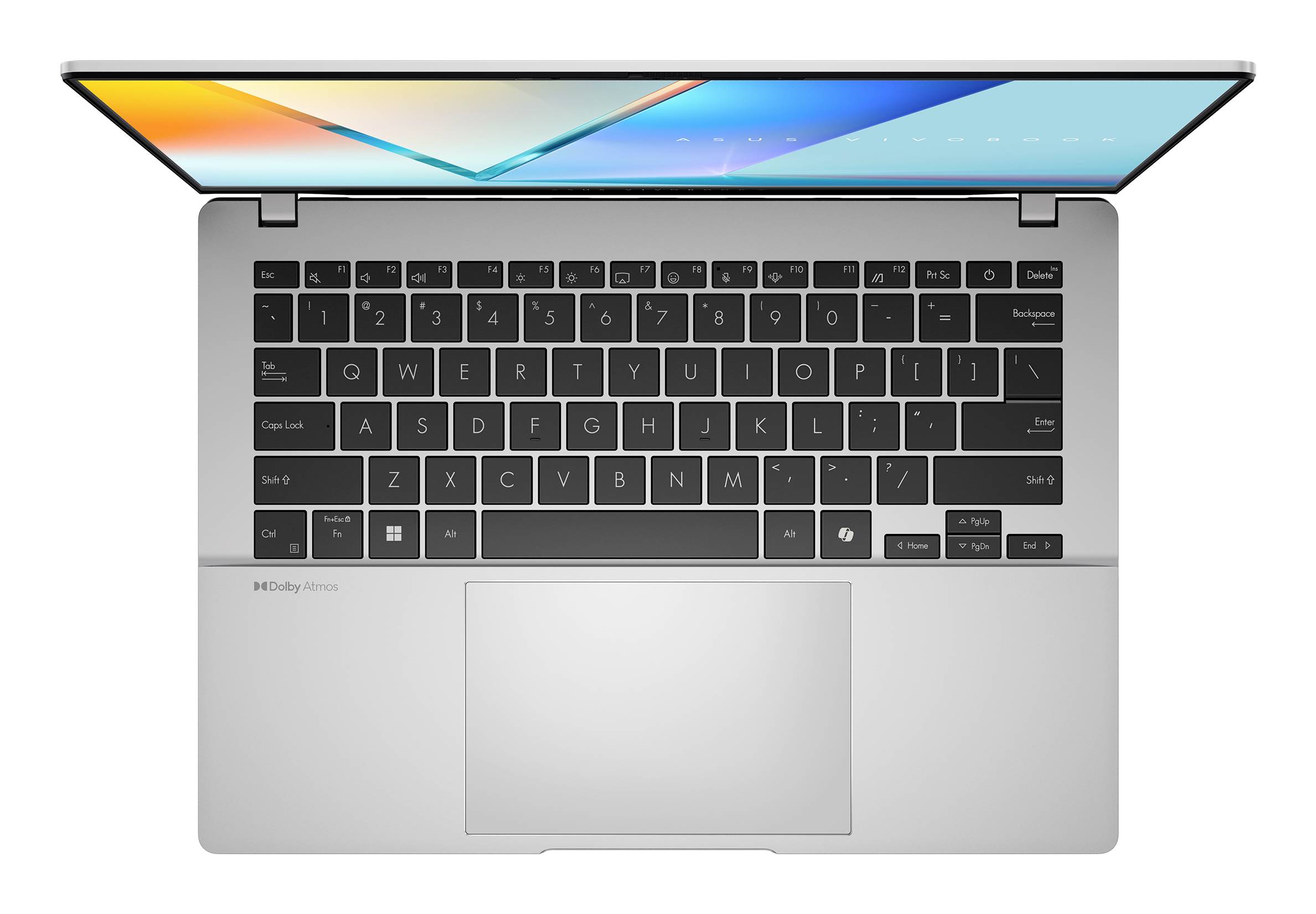 Draufsicht auf einen offenen silbernen Laptop mit schwarzer Tastatur und großem Touchpad auf weißem Hintergrund.