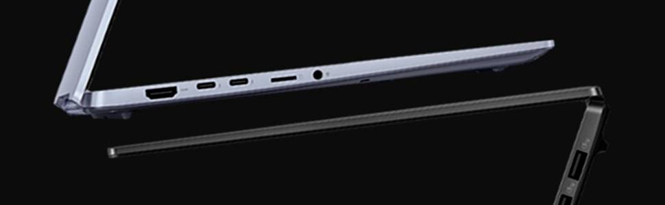 Zwei schlanke Laptops, die teilweise geöffnet in einer nebeneinander angeordneten Produktansicht dargestellt sind, die ihre schlanken Profile und Anschlüsse auf schwarzem Hintergrund hervorheben.