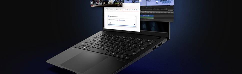Ein schlanker schwarzer Laptop, der im Winkel gezeigt wird, mit mehreren überlagernden Fenstern auf seinem Bildschirm, die Multitasking oder Softwarenutzung suggerieren.