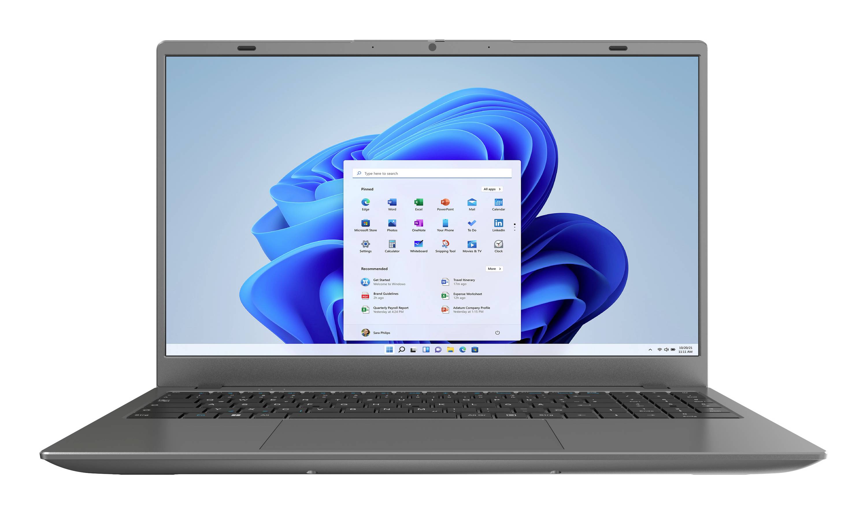 Ein grauer Laptop, der den Windows-11-Desktop mit geöffnetem Startmenü auf einem blauen abstrakten Hintergrund anzeigt.