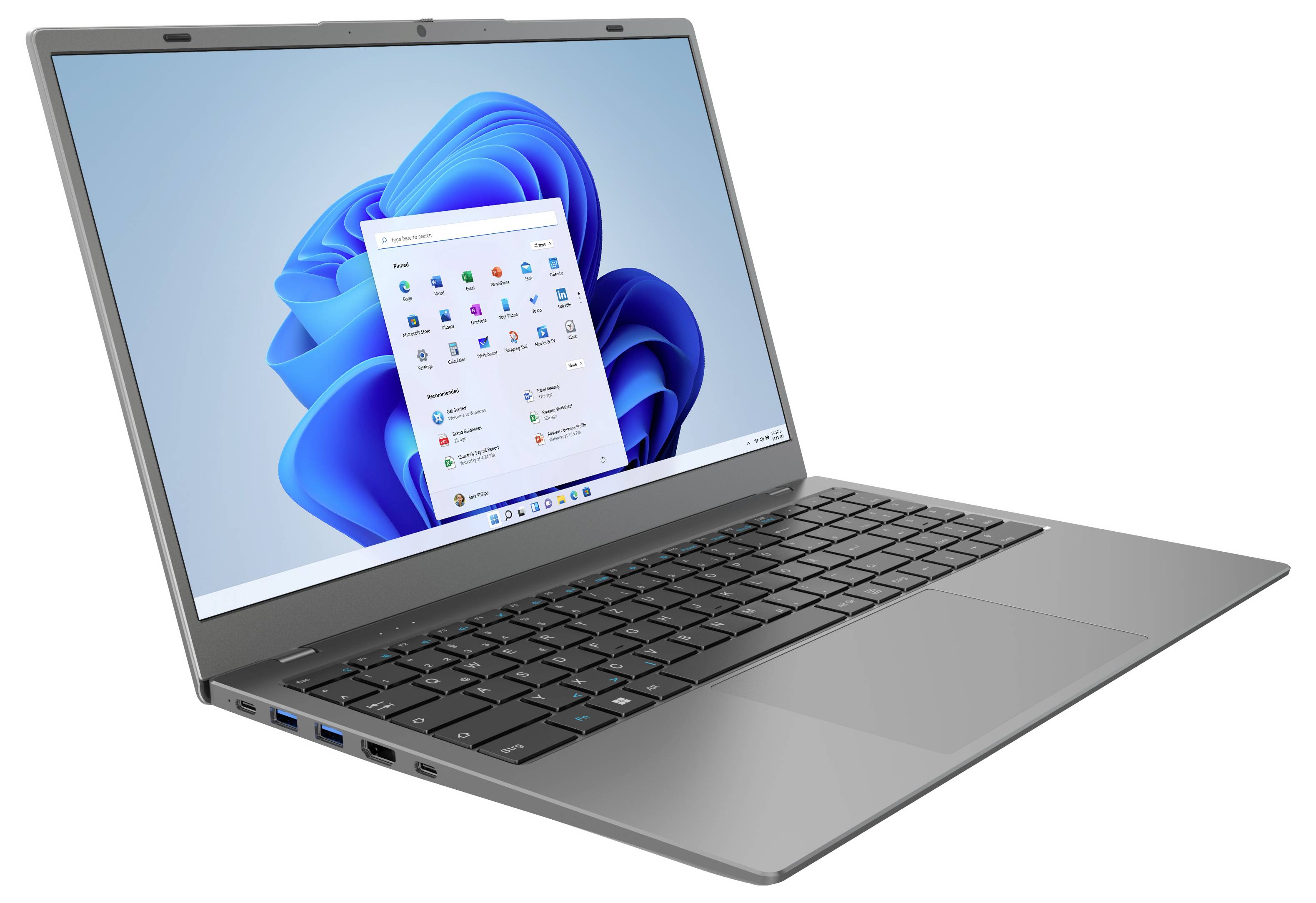 Grauer Laptop, der den Windows 11-Desktop mit geöffnetem Startmenü auf einem blauen abstrakten Hintergrund anzeigt.