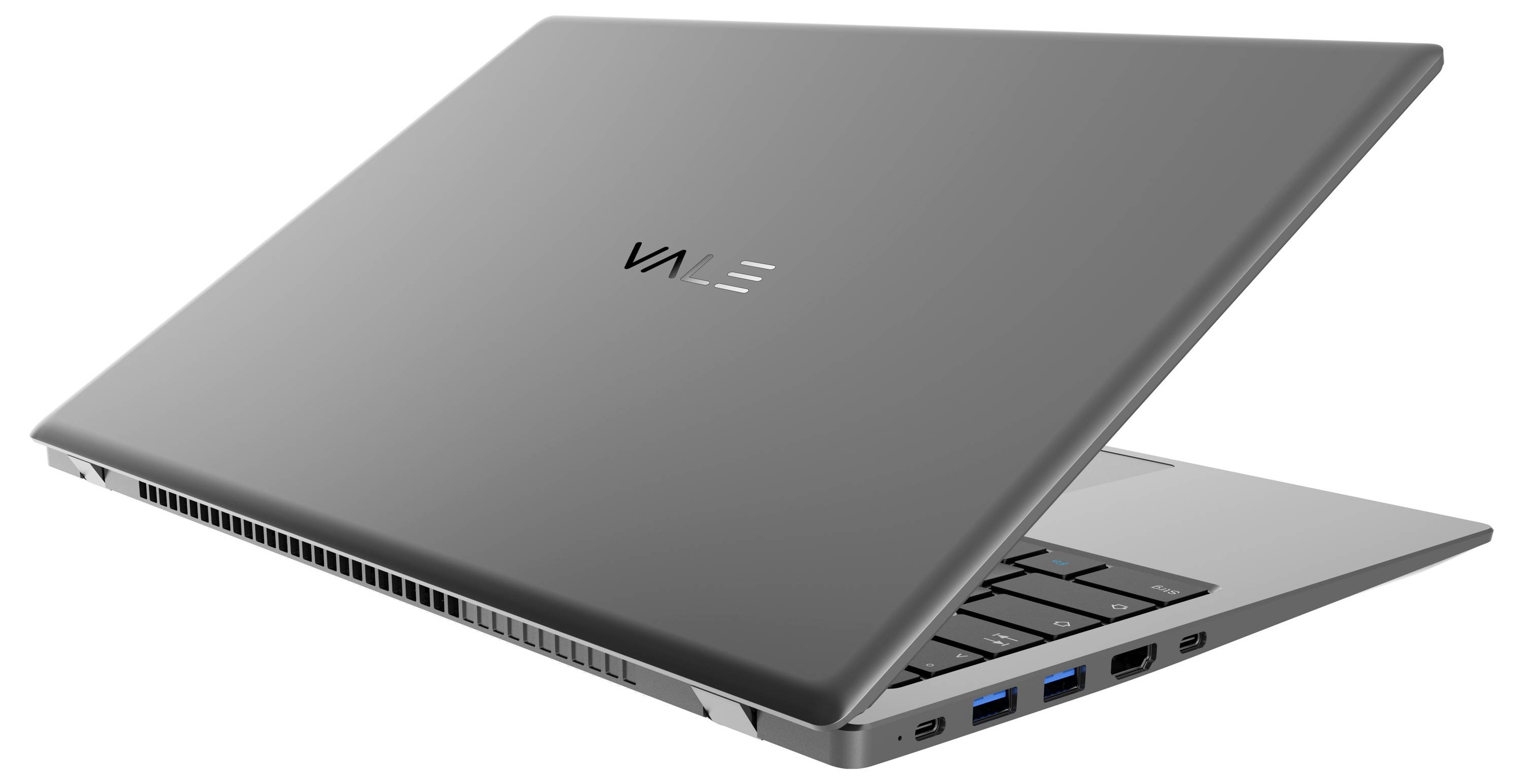 Grauer VAIO-Laptop teilweise offen, zeigt Seitenports und Tastatur auf weißem Hintergrund.