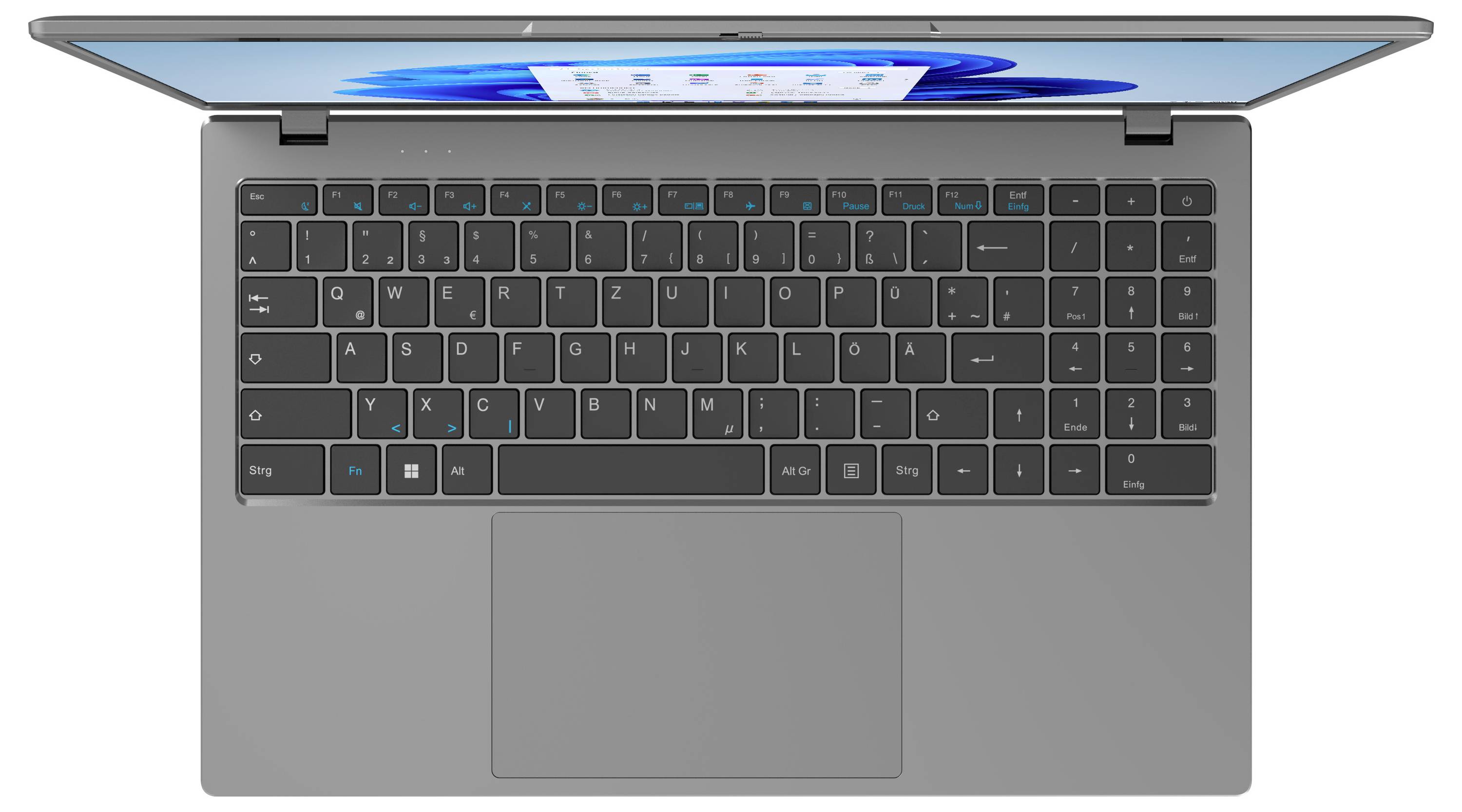 Draufsicht auf einen offenen grauen Laptop, der die Tastatur, ein großes Touchpad und eine blau beleuchtete Bildschirmkante ohne sichtbaren Inhalt zeigt.