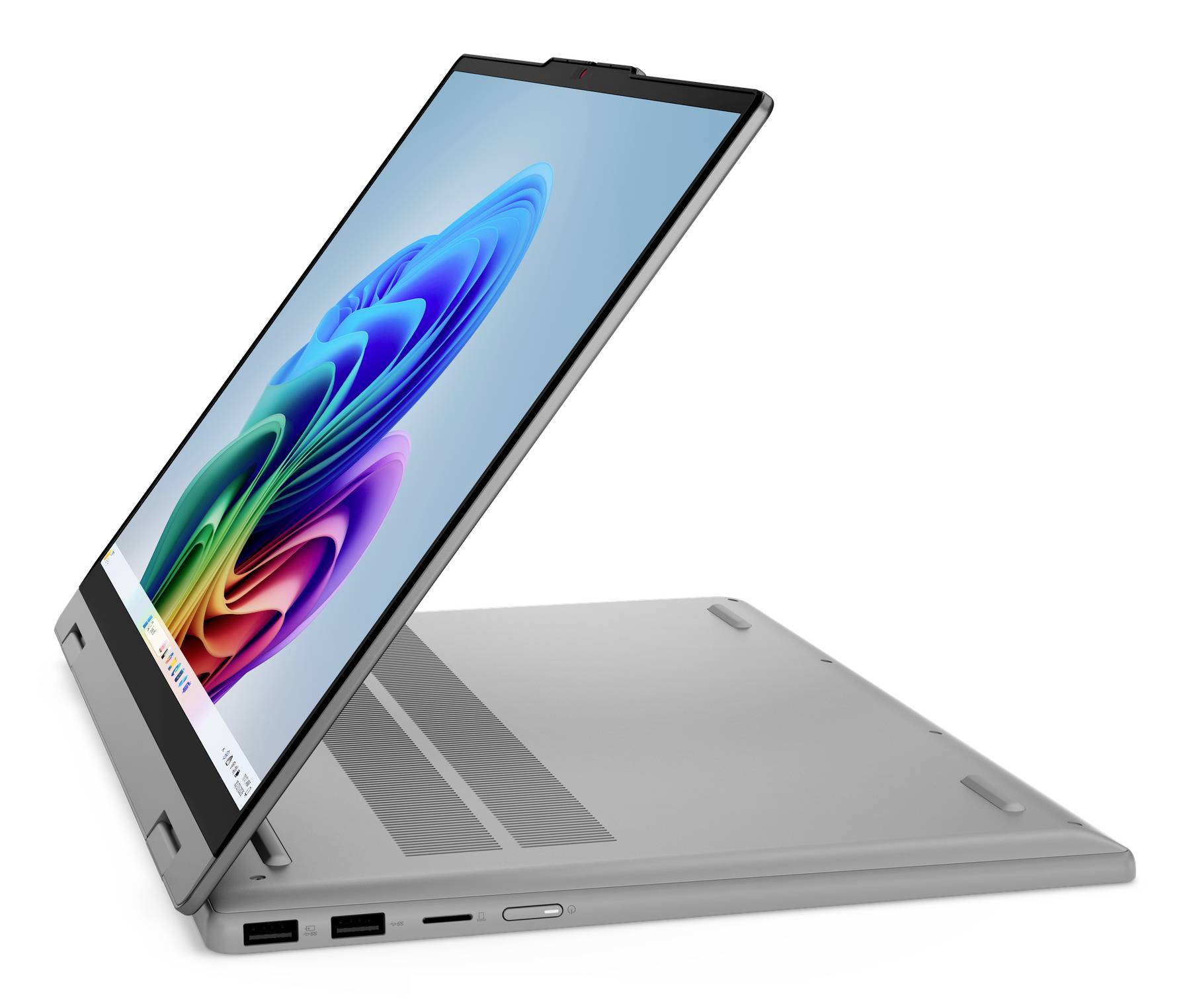 Zwei-in-eins-Laptop mit Touchscreen, der in Zeltmodus zusammengeklappt ist und ein buntes abstraktes Hintergrundbild sowie sichtbare Seitenports auf einem silbernen Gehäuse zeigt.