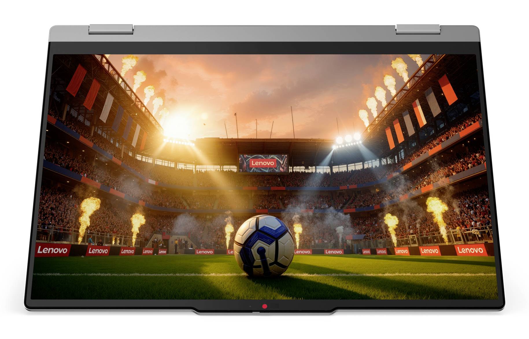 Lenovo-Laptop, das ein Fußballstadion bei Sonnenuntergang anzeigt, mit einem Ball auf dem Spielfeld und Flammen um die Ränge herum.