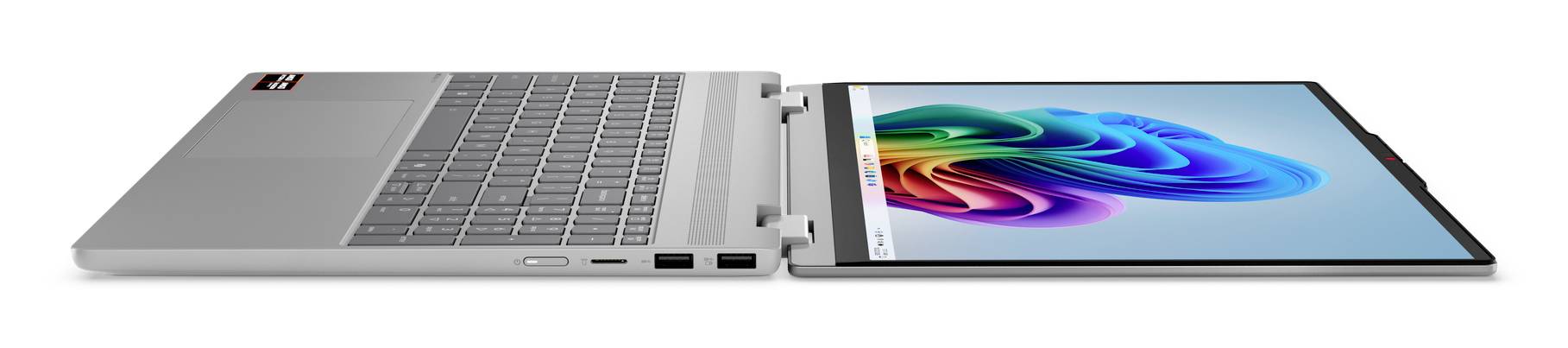 Laptop im Tablet-Modus geöffnet, das ein farbenfrohen abstrakten Bildschirm auf dem angeschlossenen Display zeigt.