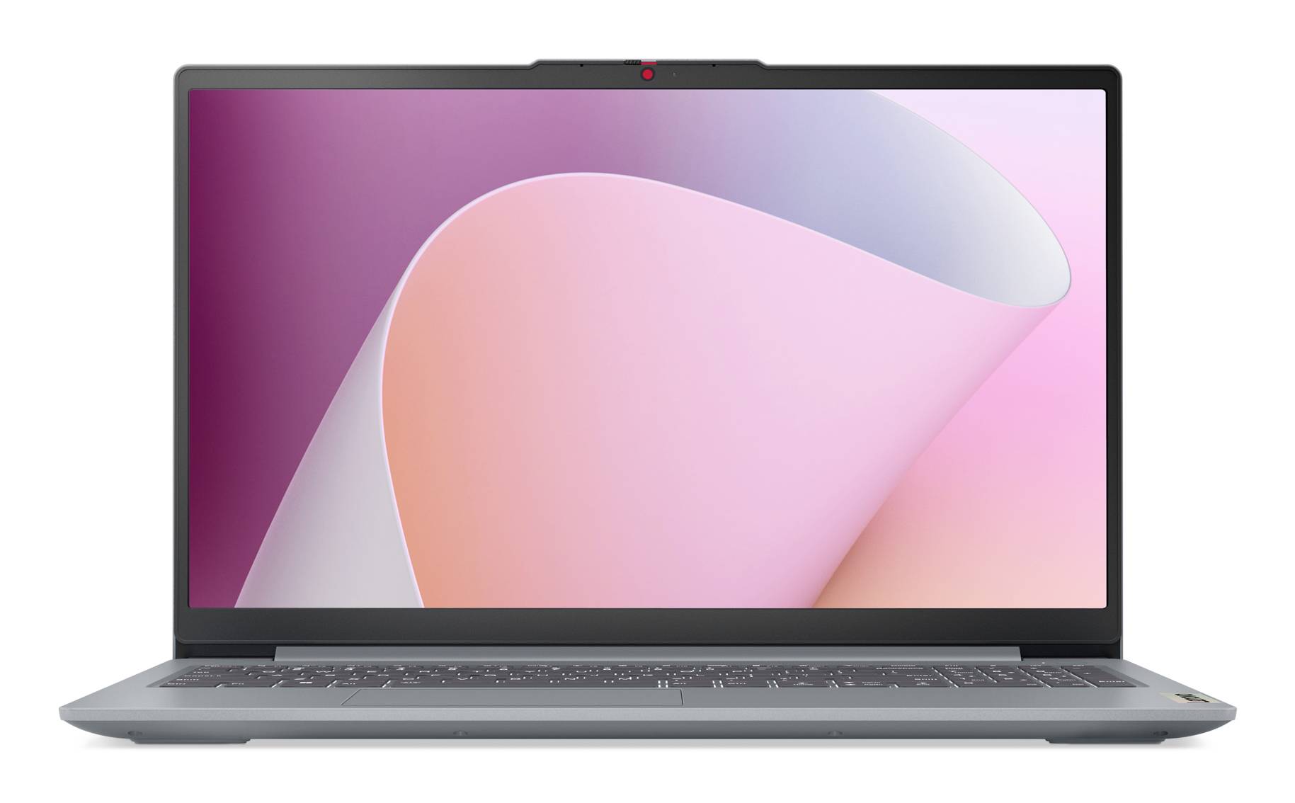 Ein grauer Laptop von vorne betrachtet mit einem rosa und lila abstrakten Hintergrundbild auf dem Bildschirm.