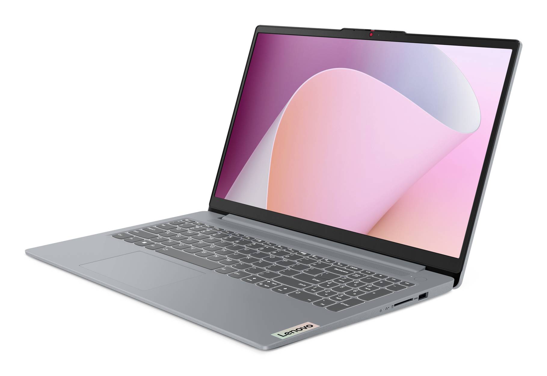 Silberner Lenovo-Laptop auf weißem Hintergrund geöffnet, mit rosa abstraktem Hintergrundbild auf dem Bildschirm.